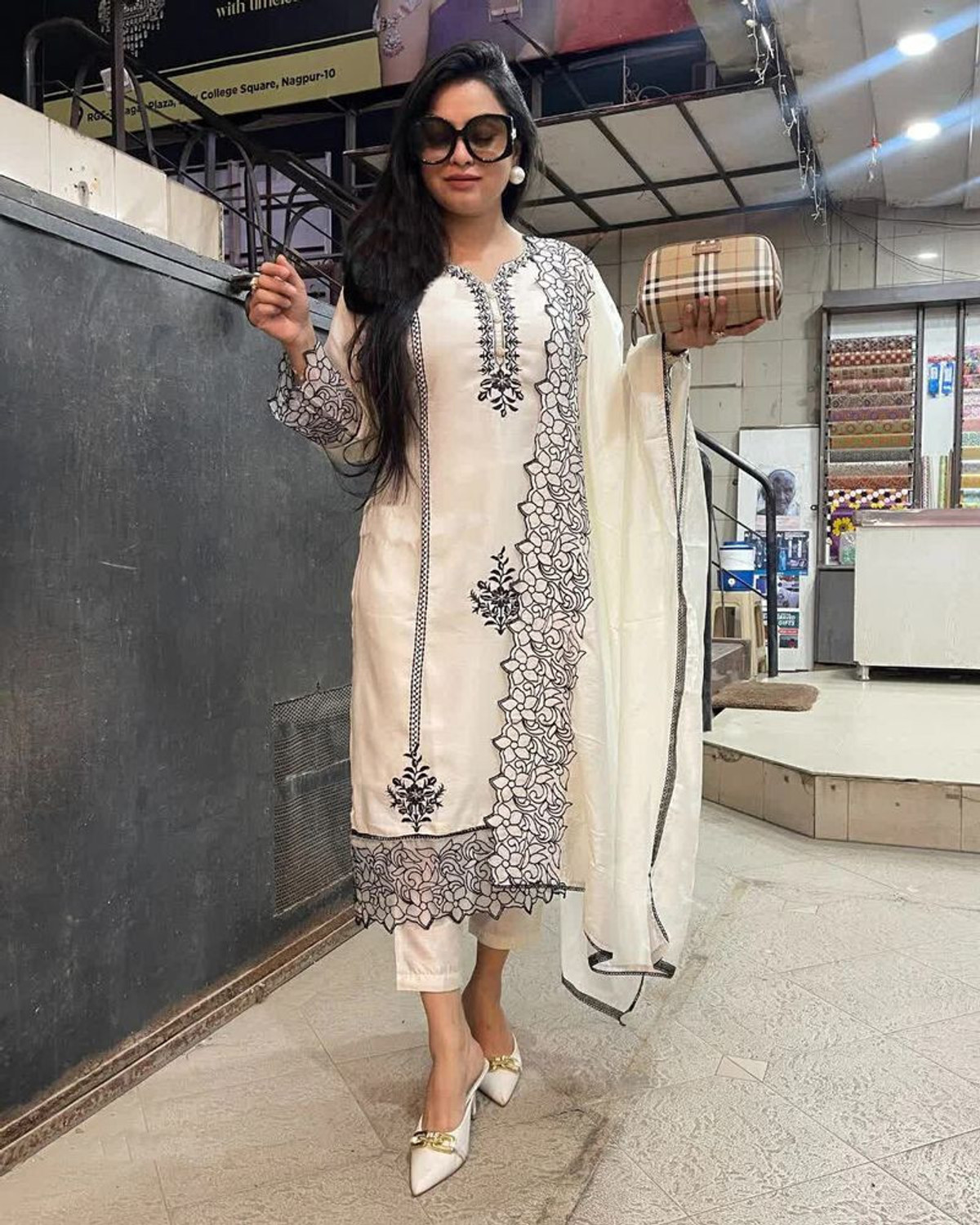 Image of CHECHI Embroidered Kurta, Palazzo & Dupatta Set