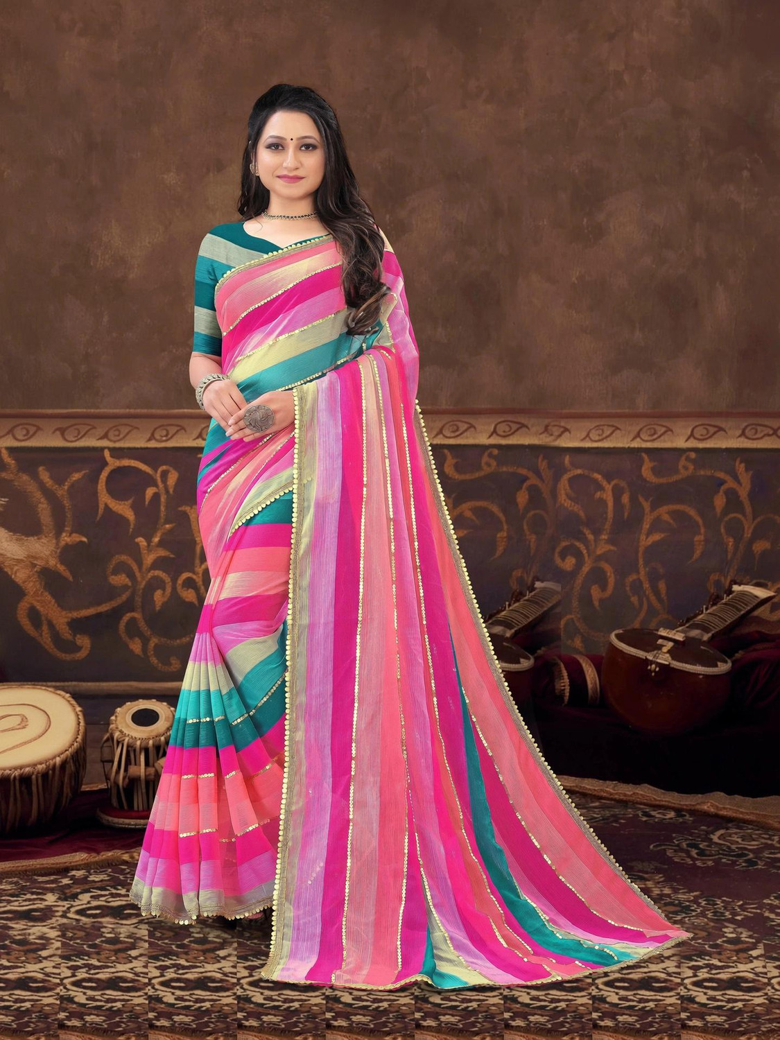 Image of kraddle Floral Print Bollywood Organza Saree (White)