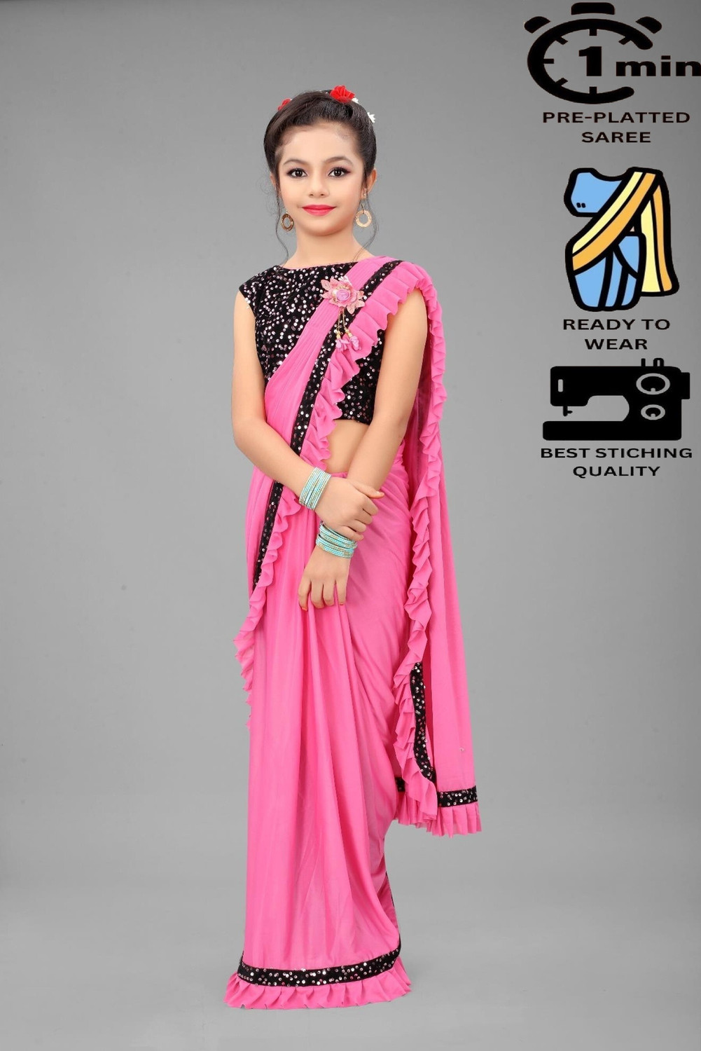 Image of Dream Clouds Embellished Bollywood Lycra Blend Saree (Pink)