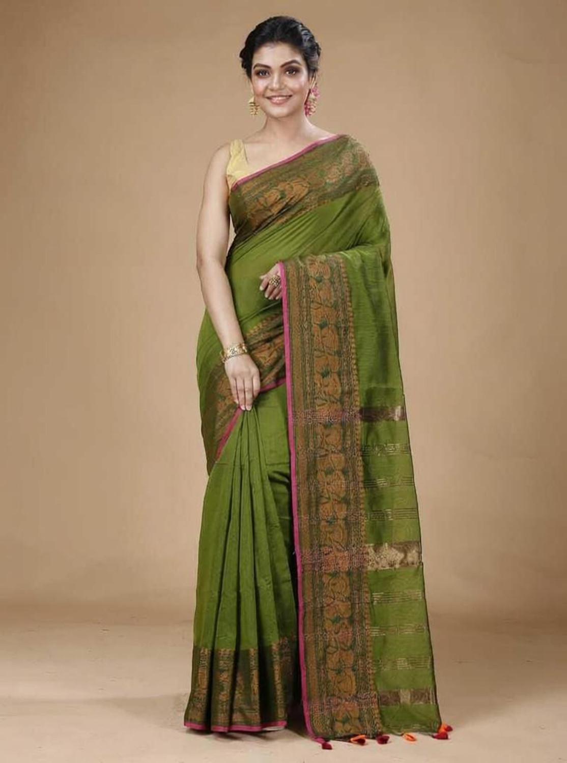 Image of GulabiSaheba Woven Daily Wear Pure Cotton Saree (Yellow, Blue)