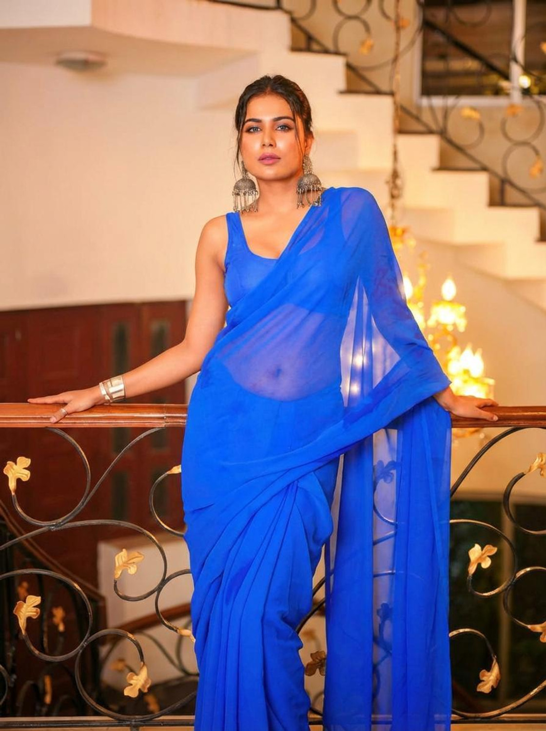 Image of Forward Twins Embroidered Bollywood Georgette Saree (Blue)