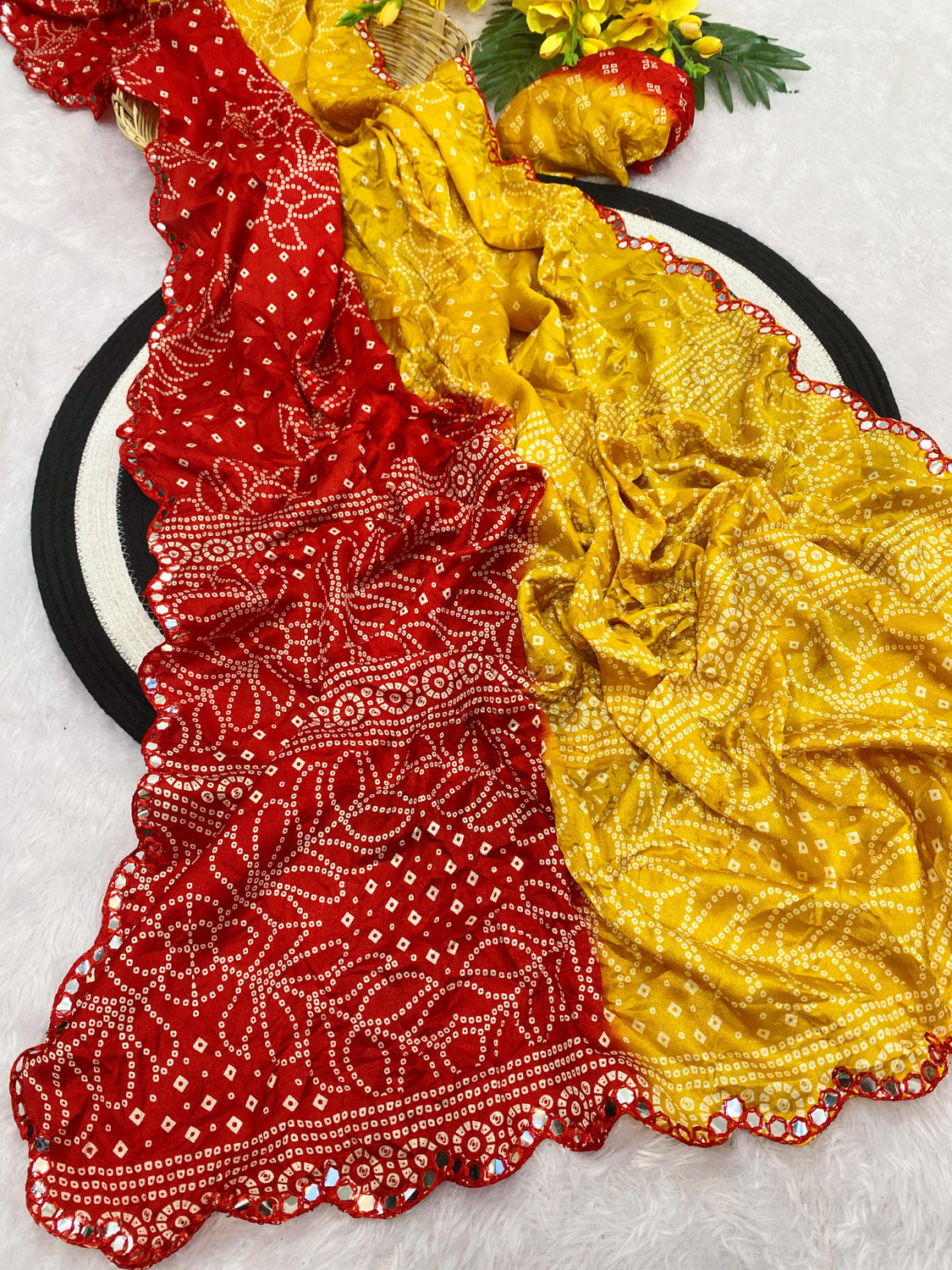 Image of SAMSAAH Embroidered, Tie-Dye Bandhani Georgette Saree (Red)