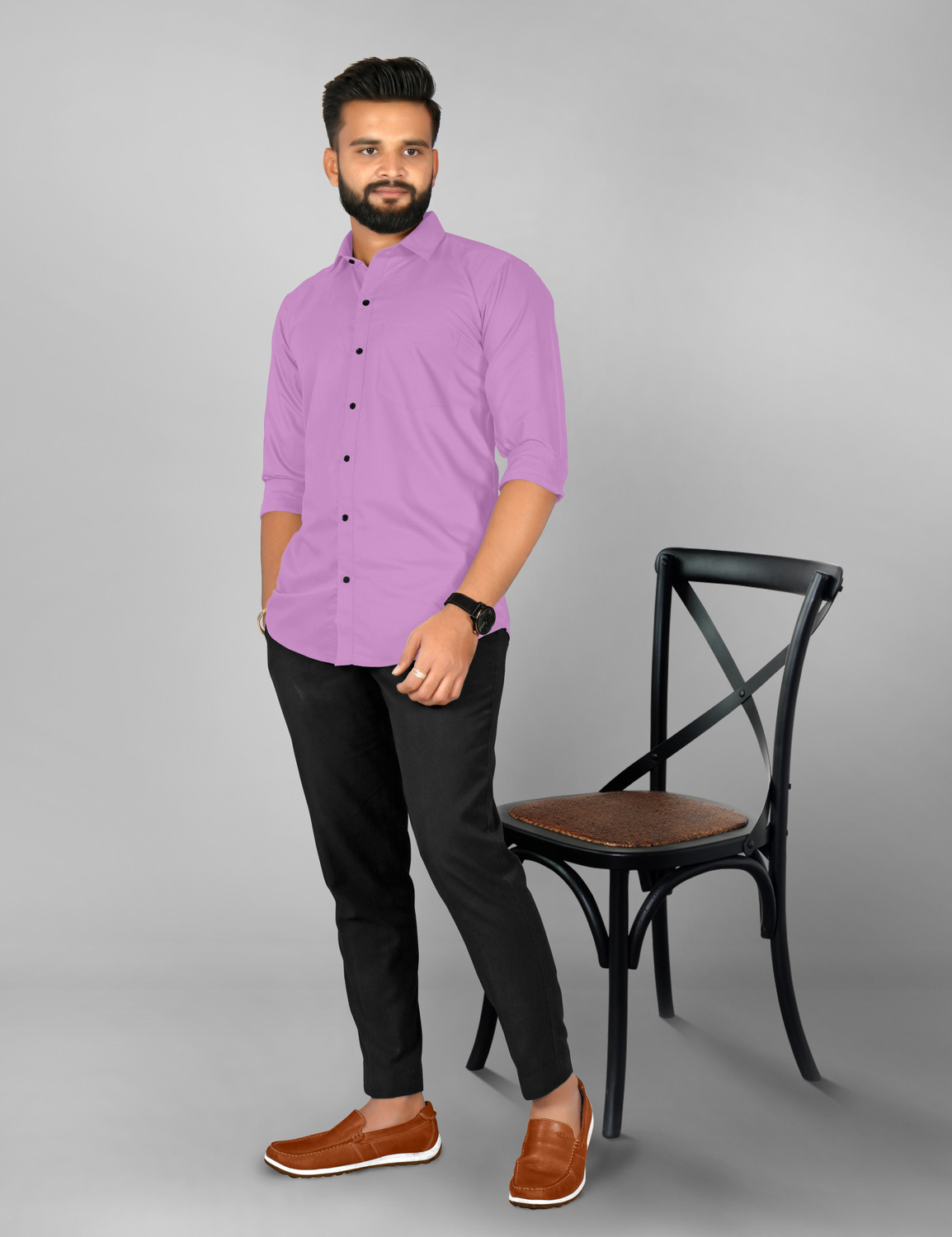 Image of FIBERMILL Men Slim Fit Solid Spread Collar Formal Shirt