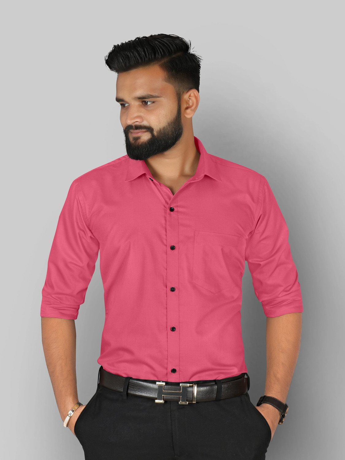 Image of FIBERMILL Men Slim Fit Solid Spread Collar Formal Shirt