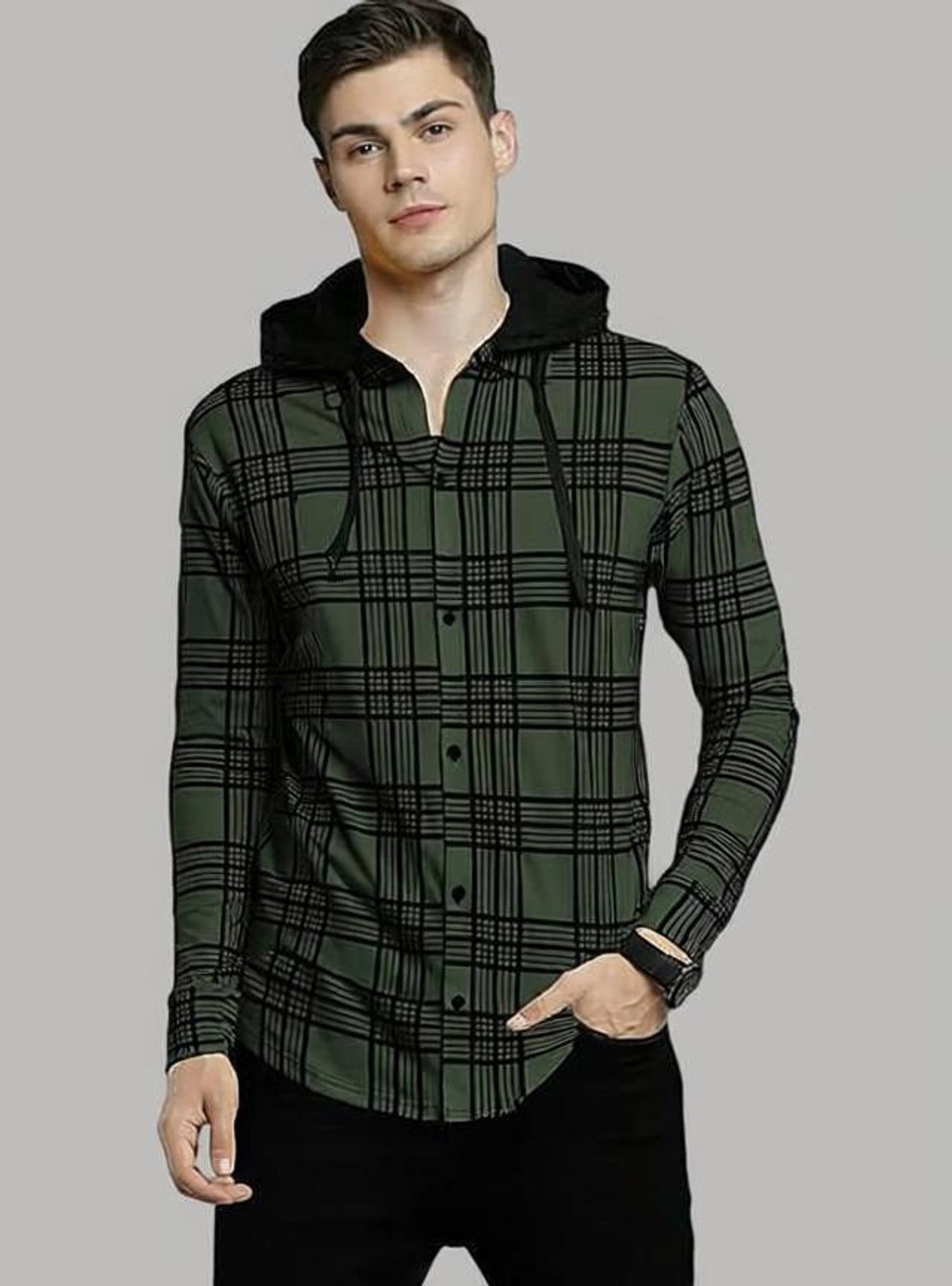 Image of OSCILLATE Men Regular Fit Checkered Hood Collar Casual Shirt