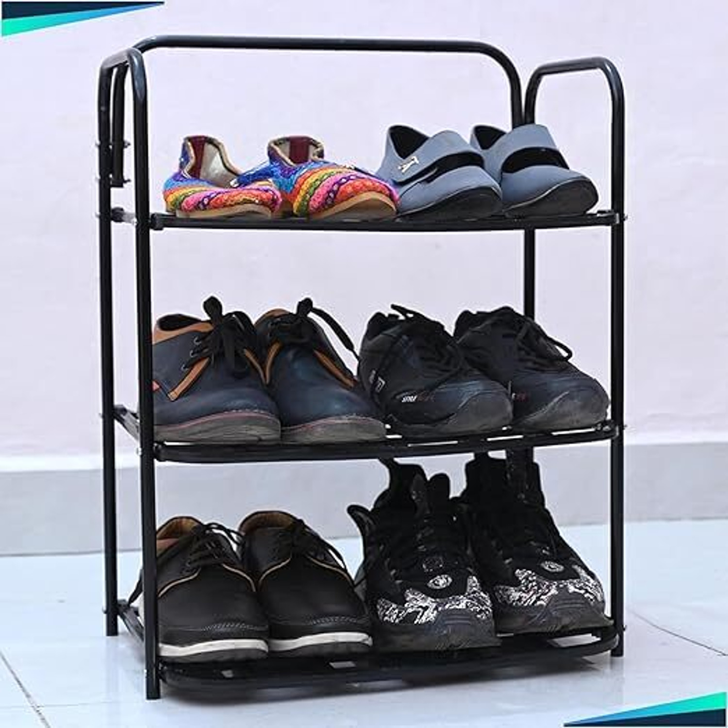 Image of RUSHIL WERE 3 Shelves Premium Metal and Durable, Easy to Assemble, Space Saving Shoe Rack Metal, Plastic Shoe Stand (Black, 3 Shelves, DIY(Do-It-Yourself))