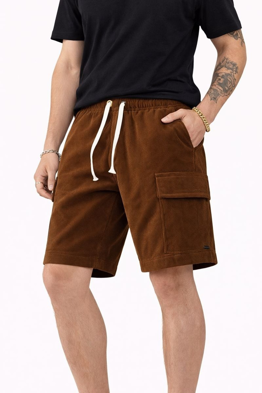 Image of Qvick Self Design Men Beige, Brown Cargo Shorts