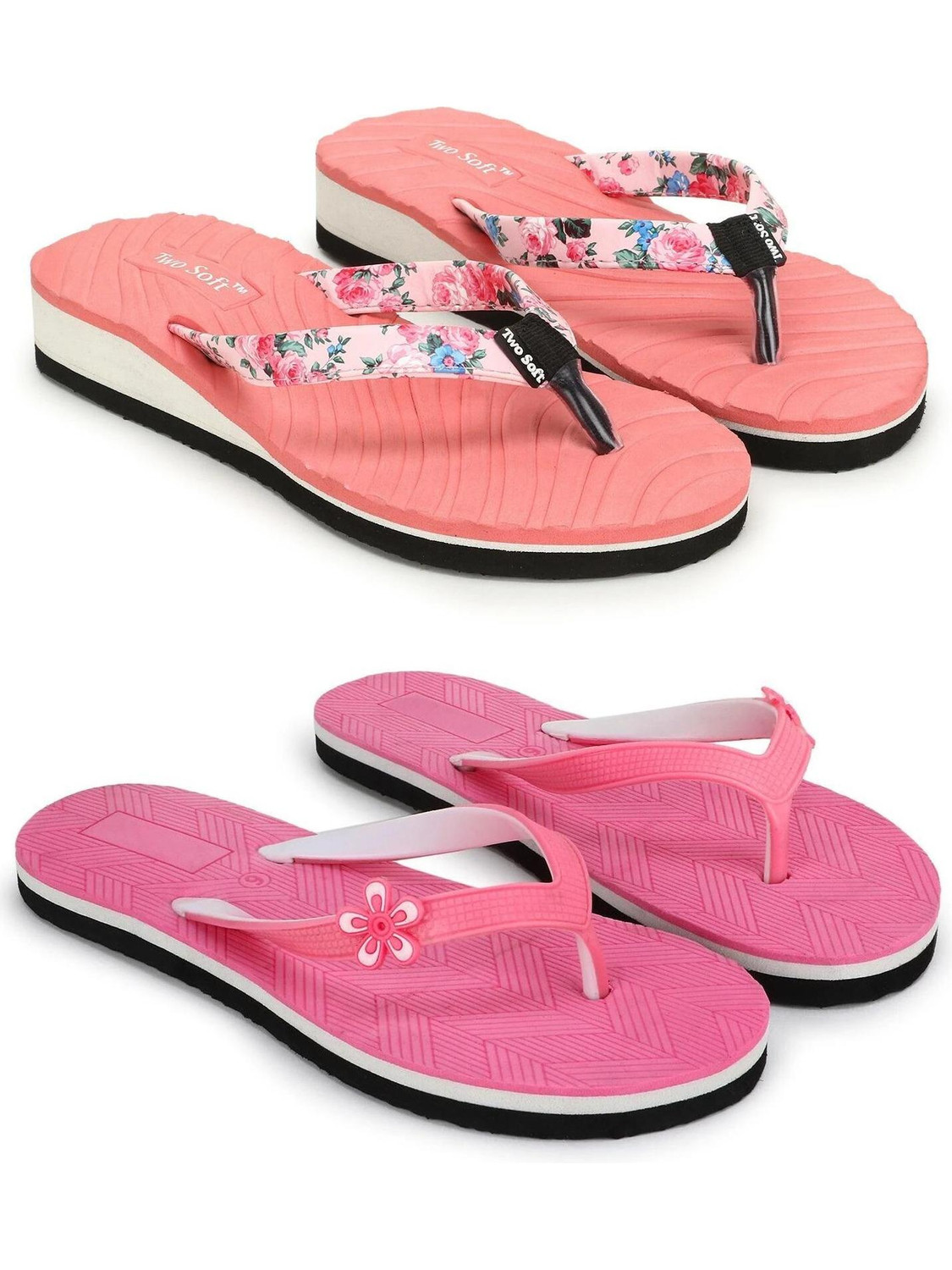 Image of TWO SOFT Combo Pack Of 2 Stylish Casual Light & Soft Comfortable Daily Wear Women Slippers (Black, Pink , 4)