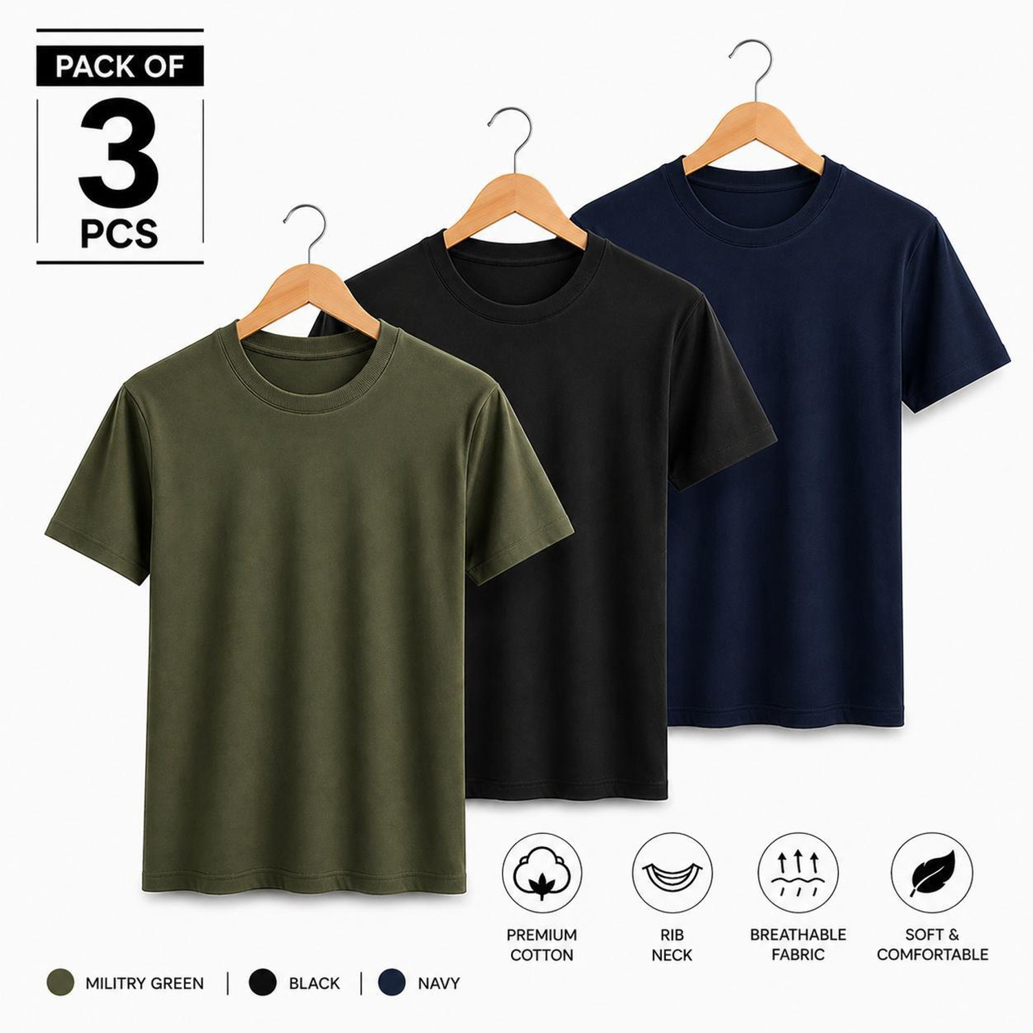 Image of TTFE Pack of 3 Men Solid Round Neck Polyester Black, Navy Blue, Grey T-Shirt