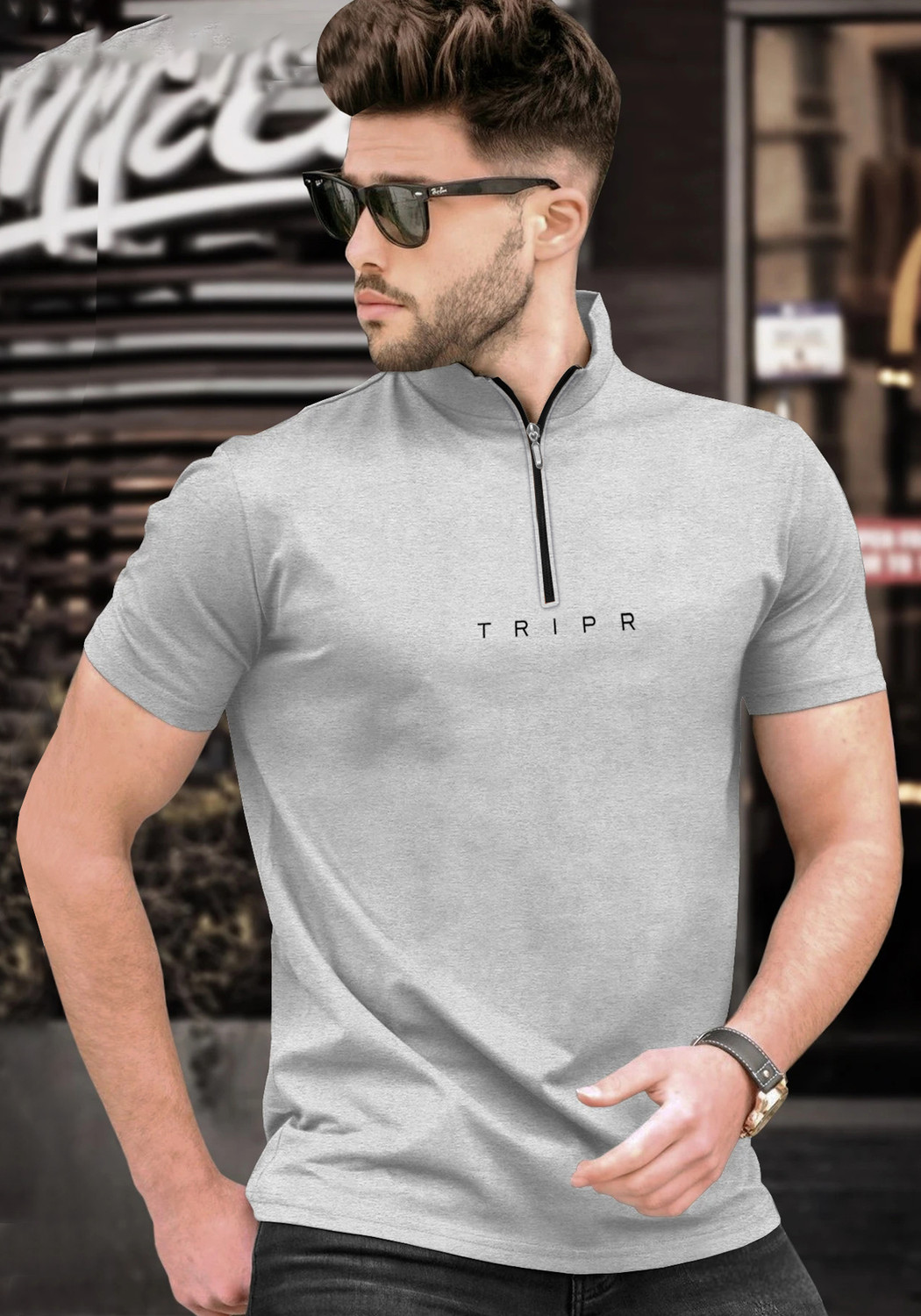 Image of TRIPR Men Solid Mandarin Collar Cotton Blend Grey T-Shirt