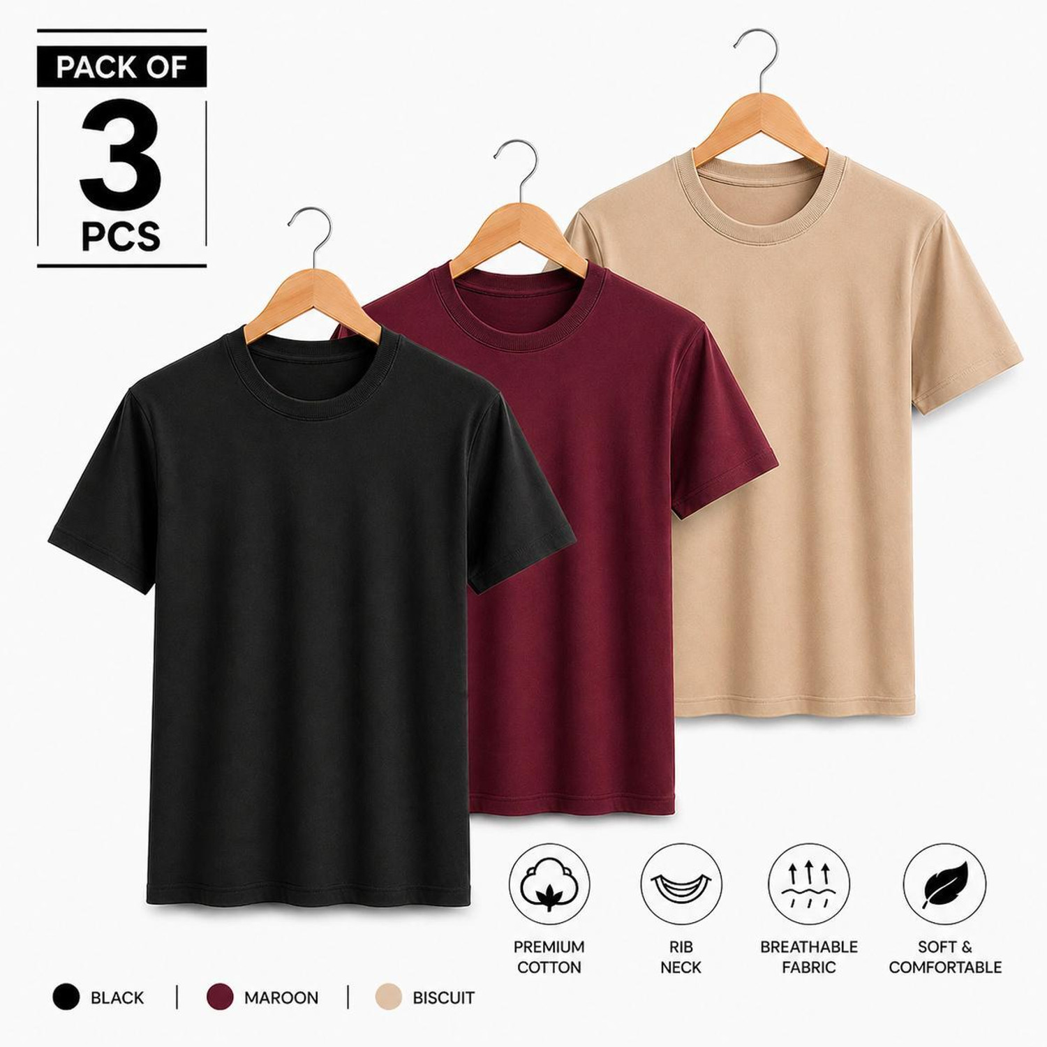 Image of TTFE Pack of 3 Men Solid Round Neck Polyester Black, Navy Blue, Grey T-Shirt