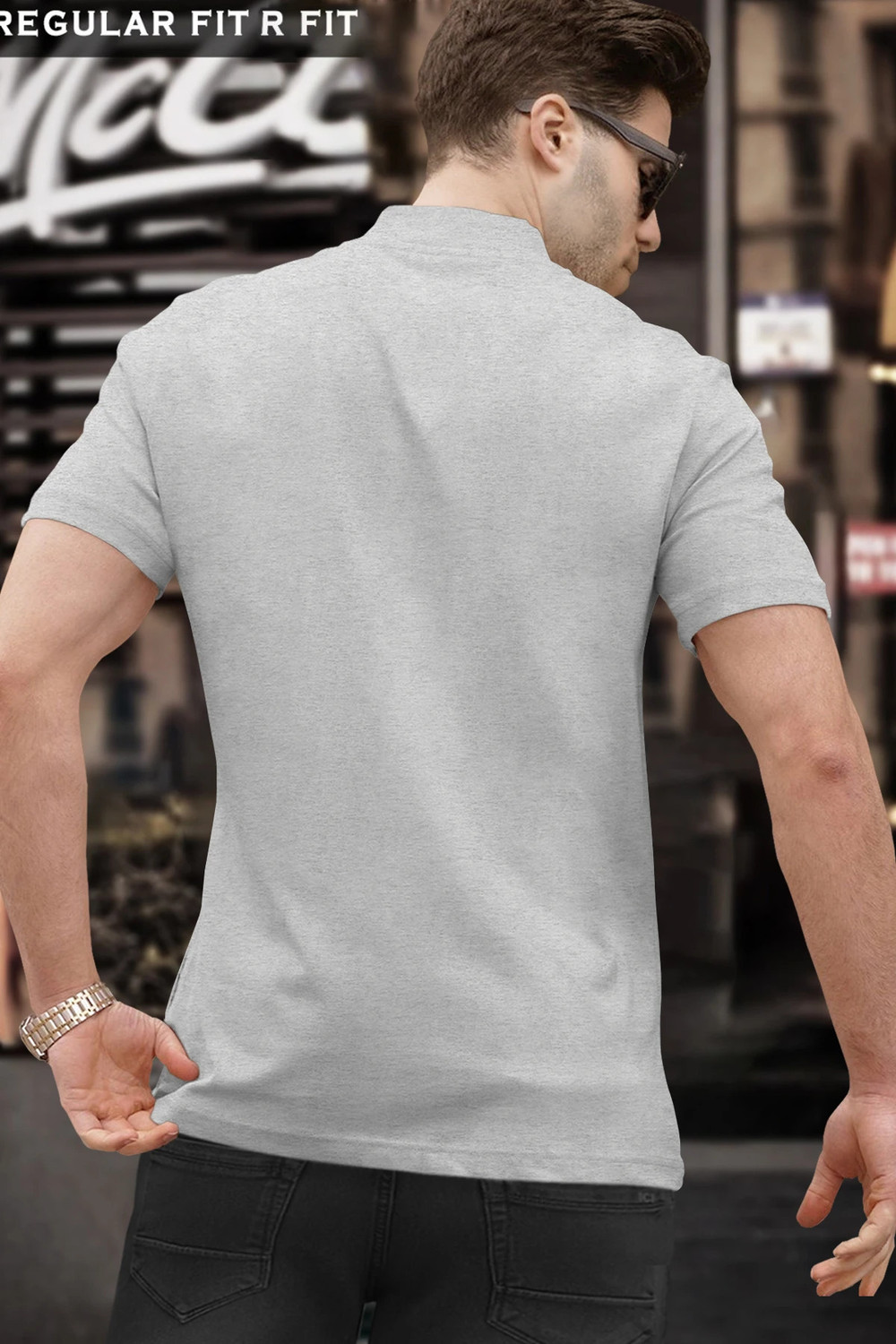 Image of TRIPR Men Solid Mandarin Collar Cotton Blend Grey T-Shirt