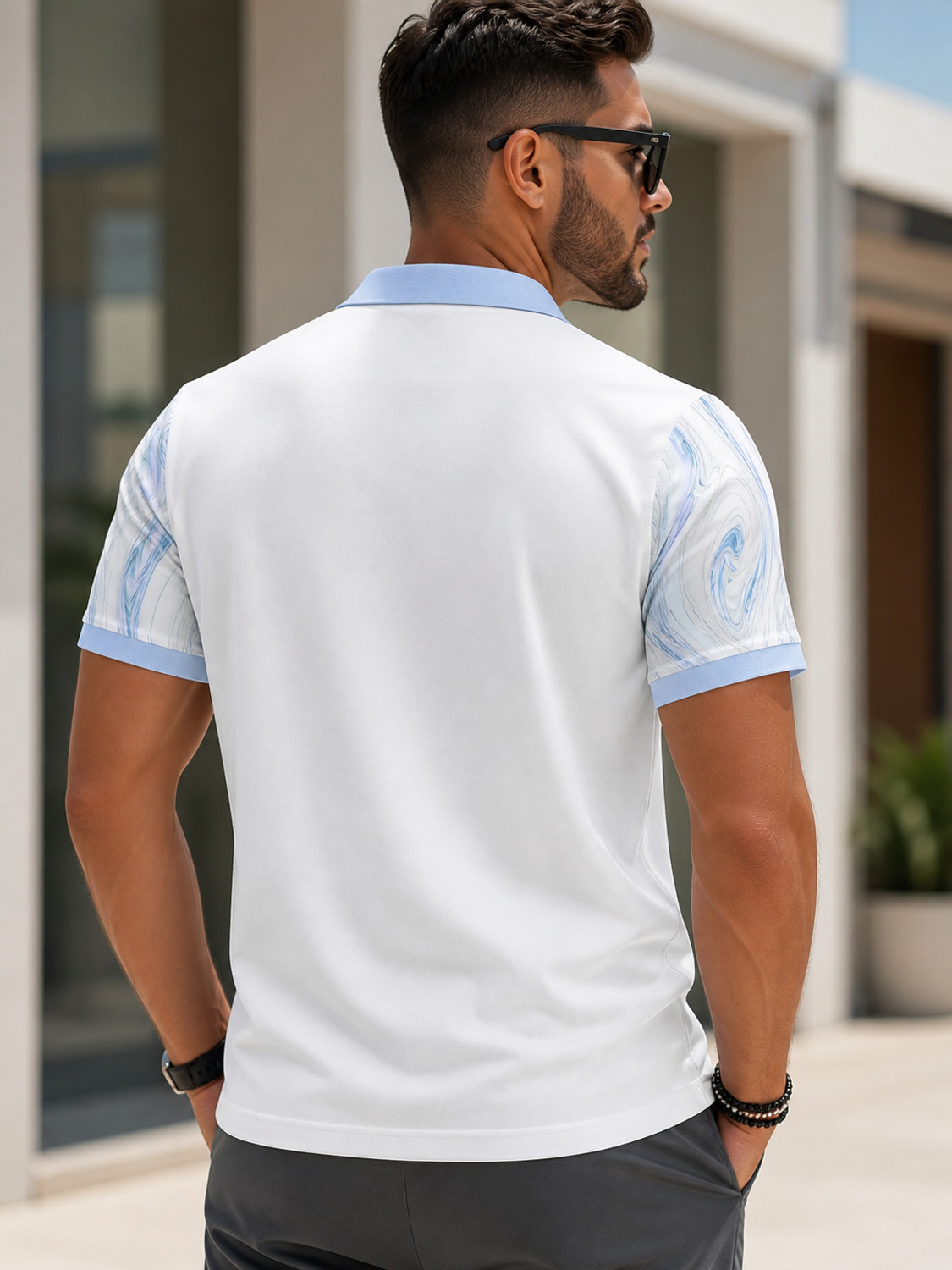 Image of BOLD VIEW Men Printed Polo Neck Polycotton White, Light Blue T-Shirt