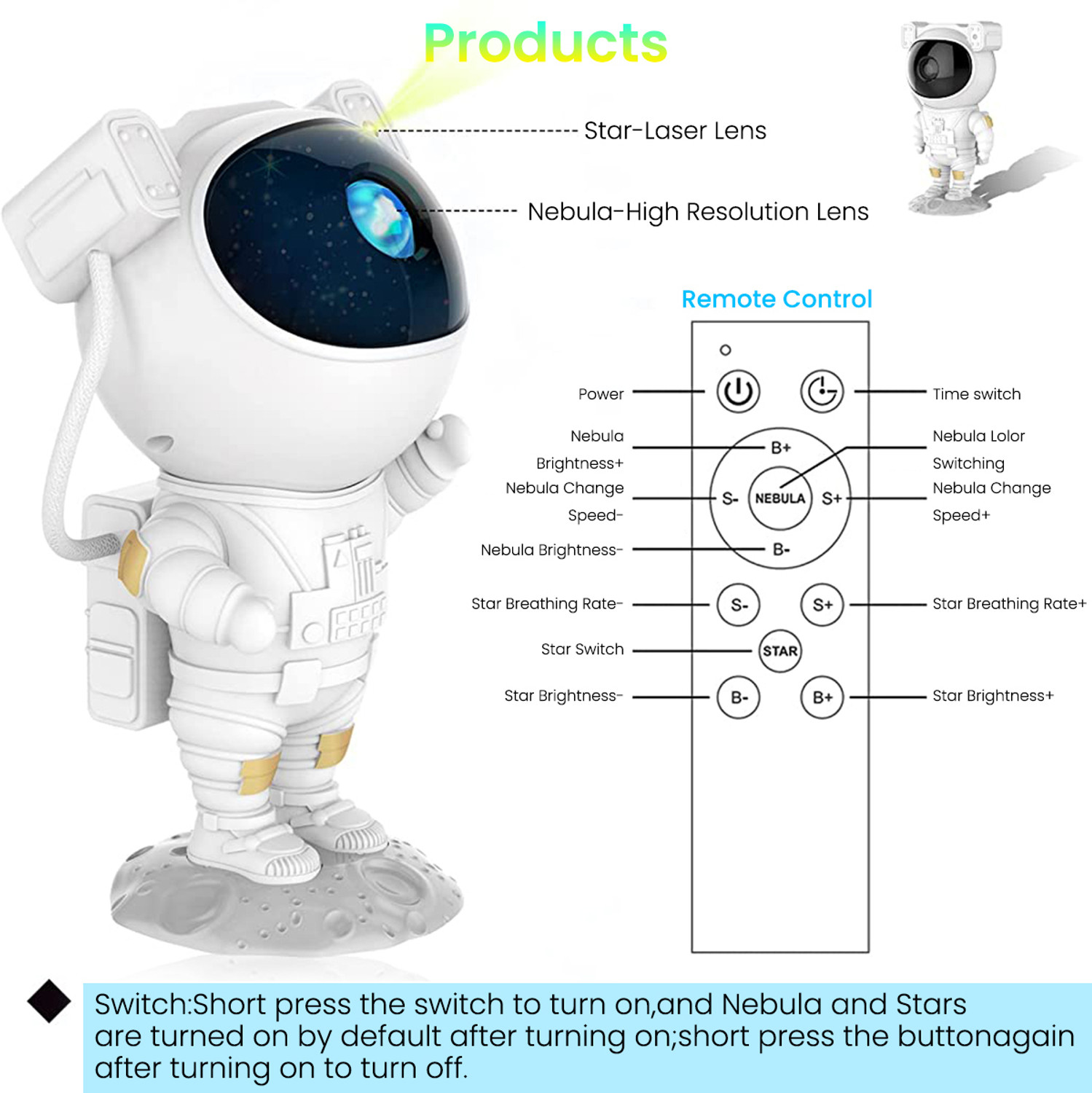 Image of Verilux Astronaut Projector Galaxy Night Light Projector Led Lamp with Remote Control Table Lamp (11.3 cm, White)