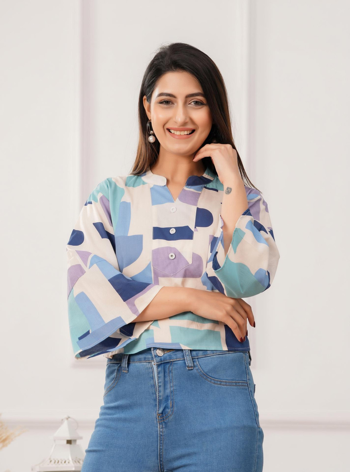 Image of Moda Rapido Casual Puff Sleeves Printed Women Pink Top