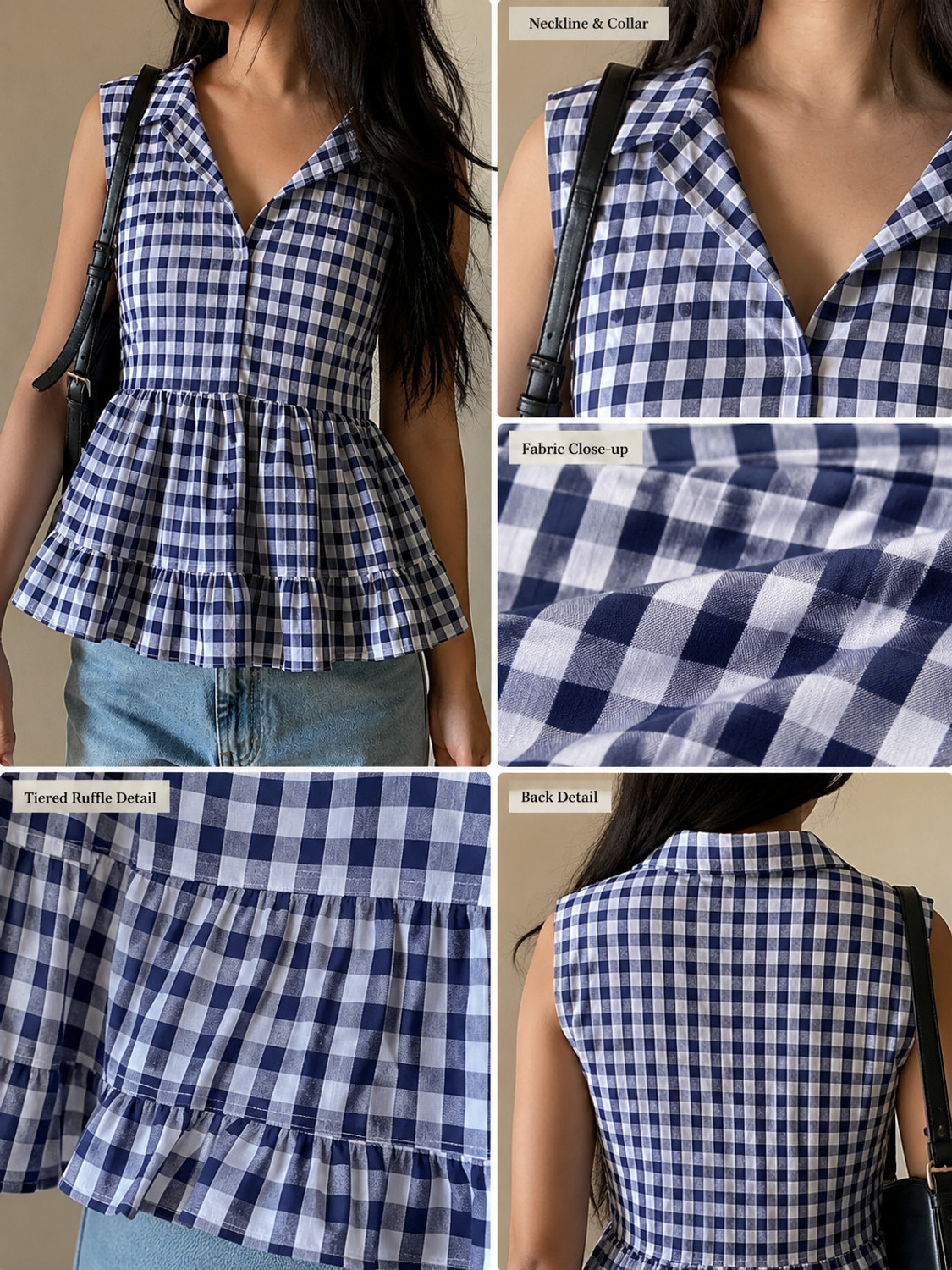 Image of A M.LIBASH Casual Sleeveless Checkered Women Blue Top