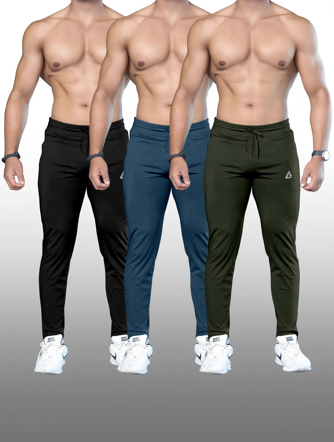 Image of FOXTER Pack of 3 Men Printed Black, Blue, Grey Track Pants