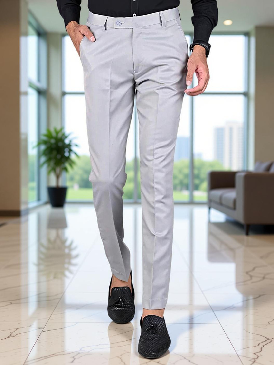 Image of AENT Regular Fit Men Grey Trousers