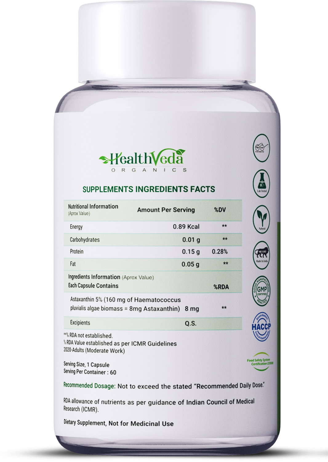 Image of Health Veda Organics Plant Based Astaxanthin Supports Eye, Joint & Skin Health For Both Men & Women (2 x 60 Capsules)