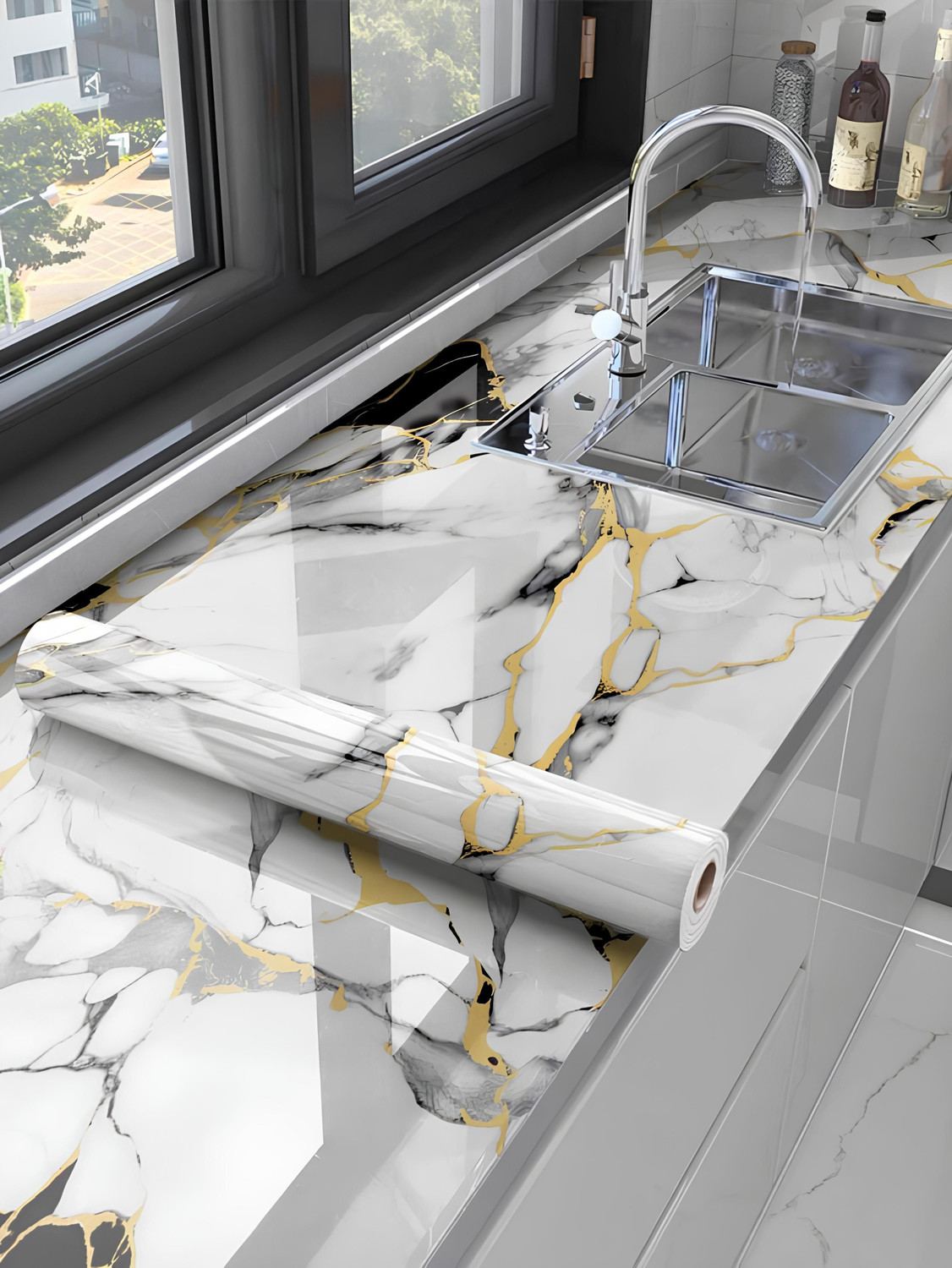 Image of Horlite 60 cm x 200 cm Waterproof Abstract Vinyl Wallpaper (Black, Pack of 2)