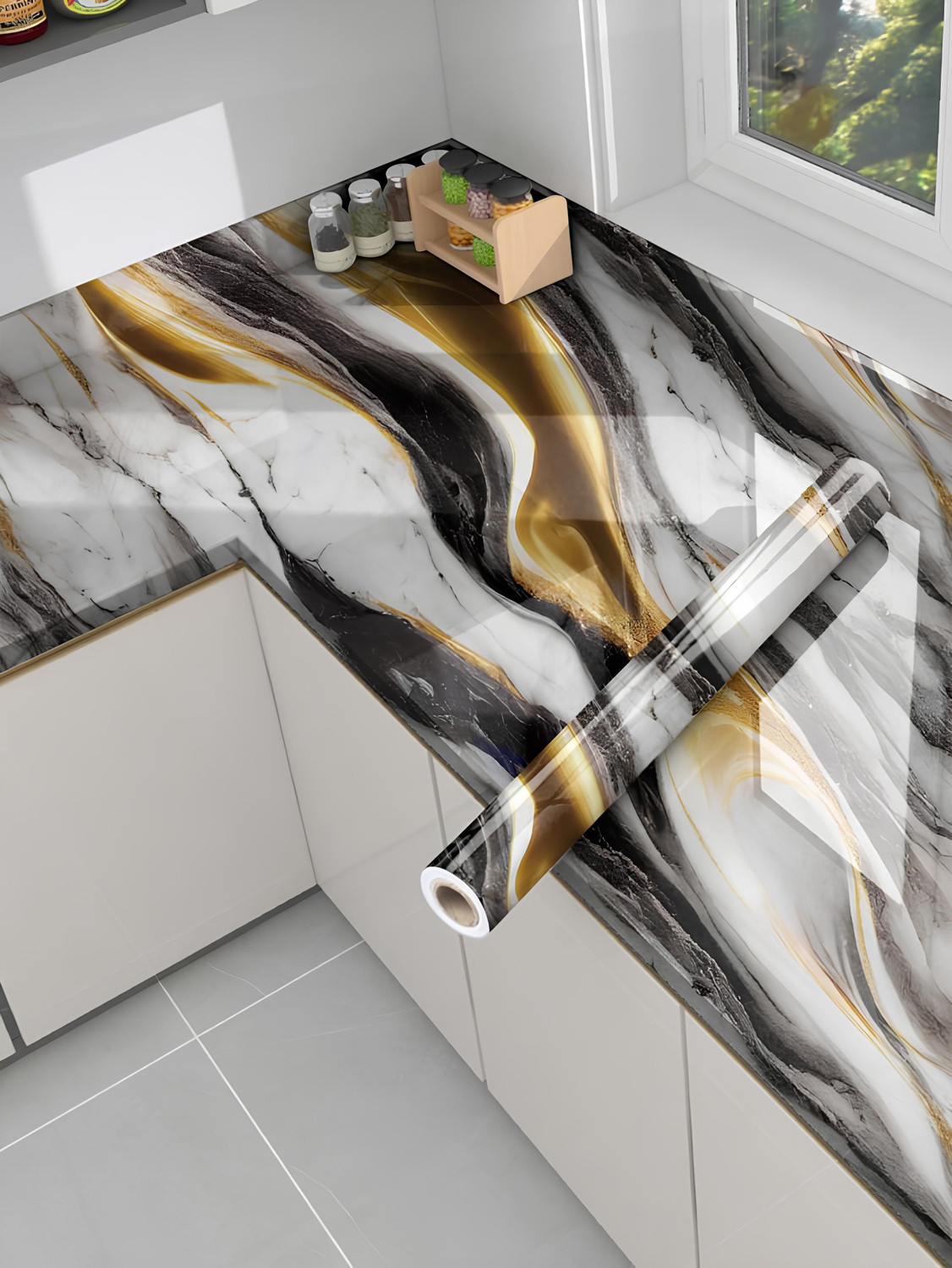 Image of Horlite 60 cm x 200 cm Waterproof Abstract Vinyl Wallpaper (Black, Pack of 2)