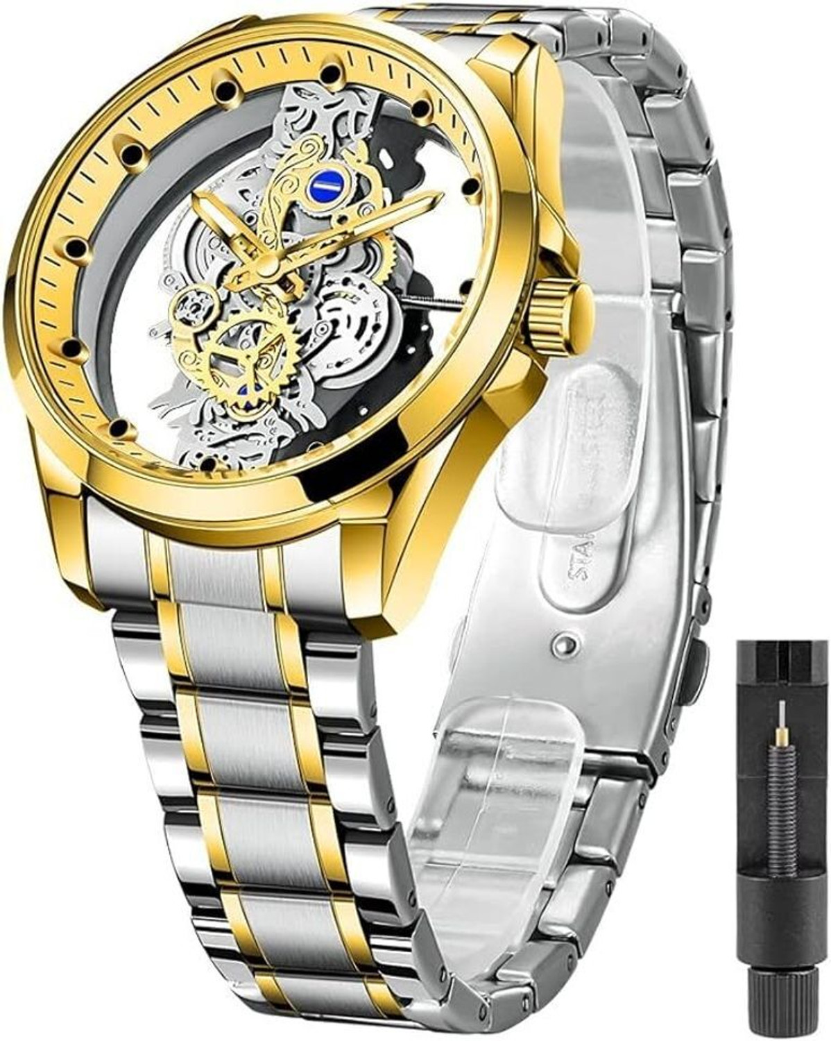 Image of Alix automatic flying wheel tourbillon with date day working silver gold professional Analog Watch - For Men AL2907 Tourbillion