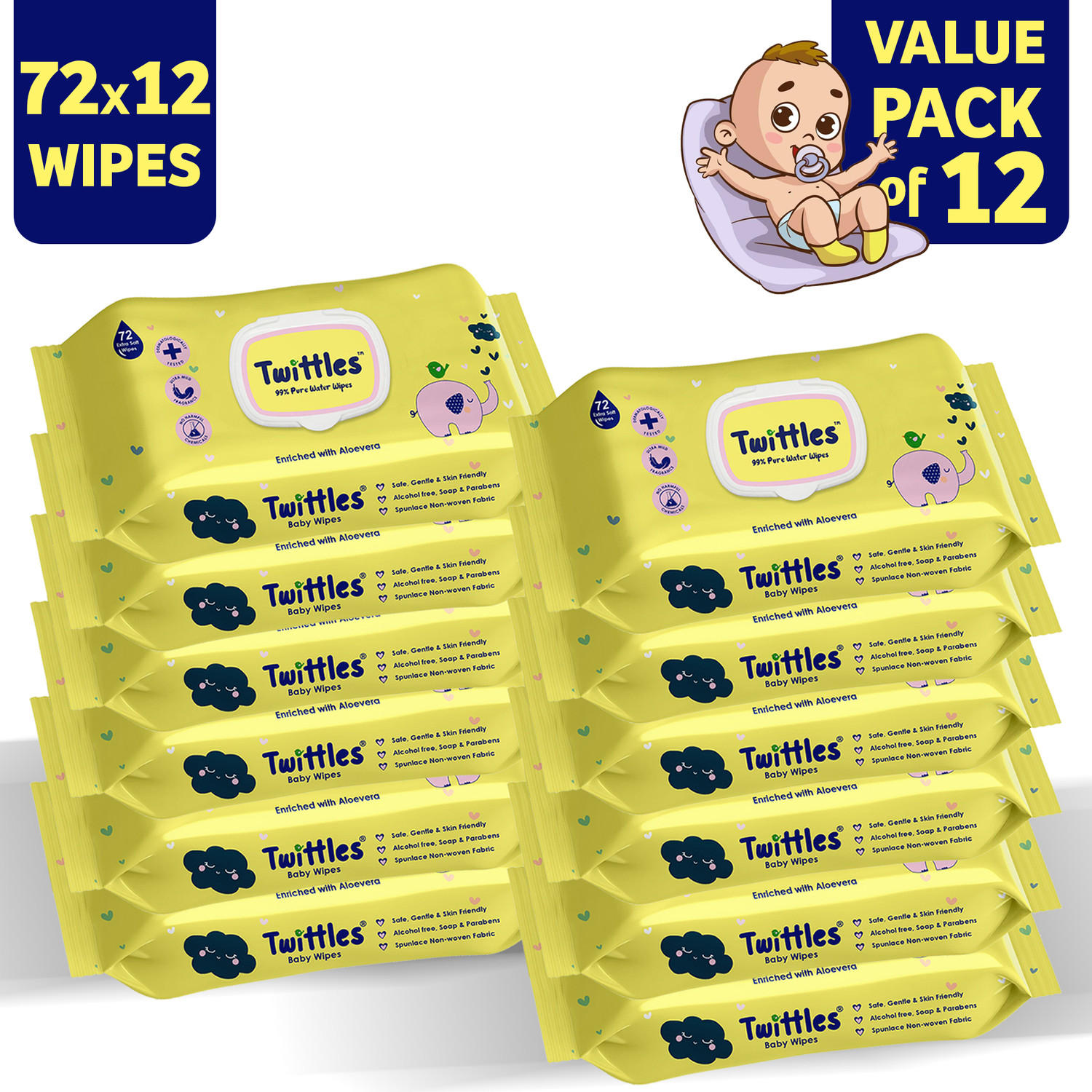 Image of Twittles Soft & Gentle Baby Cleansing Wipes With Lid, 99% Water & Aloe Vera | Pack of 1 (72 Wipes)