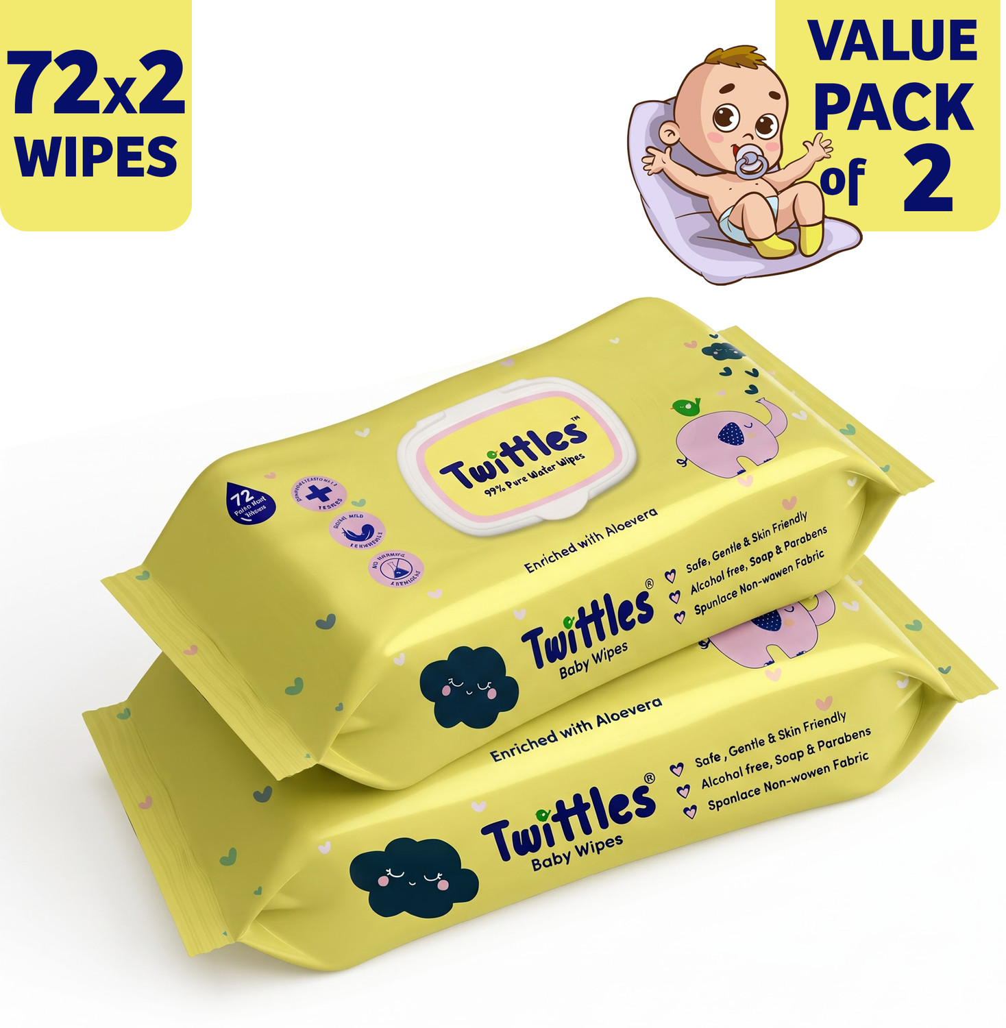 Image of Twittles Soft & Gentle Baby Cleansing Wipes With Lid, 99% Water & Aloe Vera | Pack of 2 (144 Wipes)