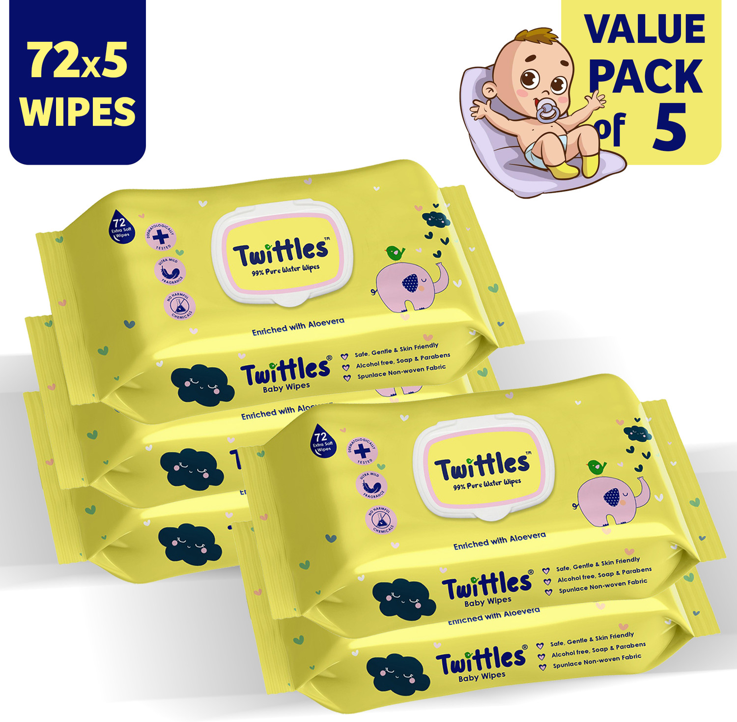 Image of Twittles Soft & Gentle Baby Cleansing Wipes With Lid, 99% Water & Aloe Vera | Pack of 5 (360 Wipes)