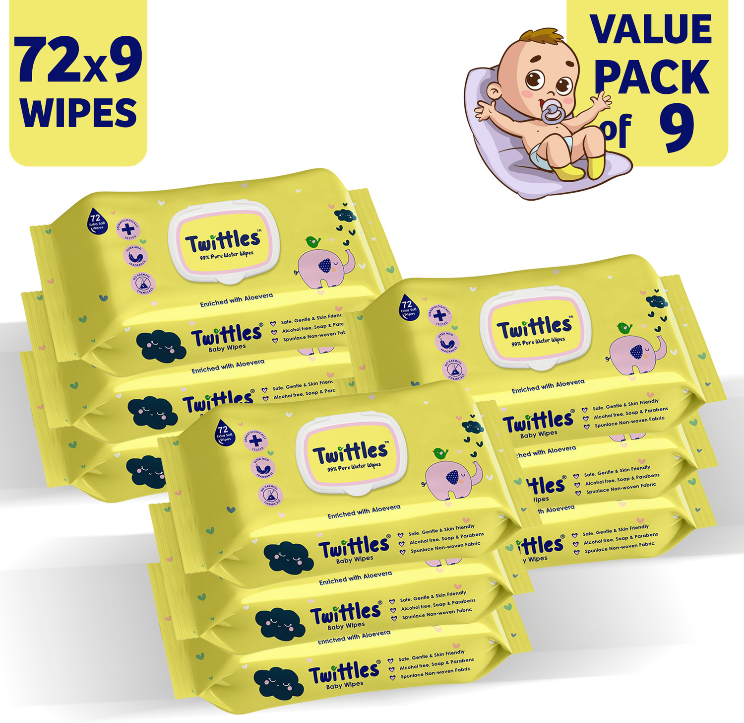 Image of Twittles Soft & Gentle Baby Cleansing Wipes With Lid, 99% Water & Aloe Vera | Pack of 9 (648 Wipes)