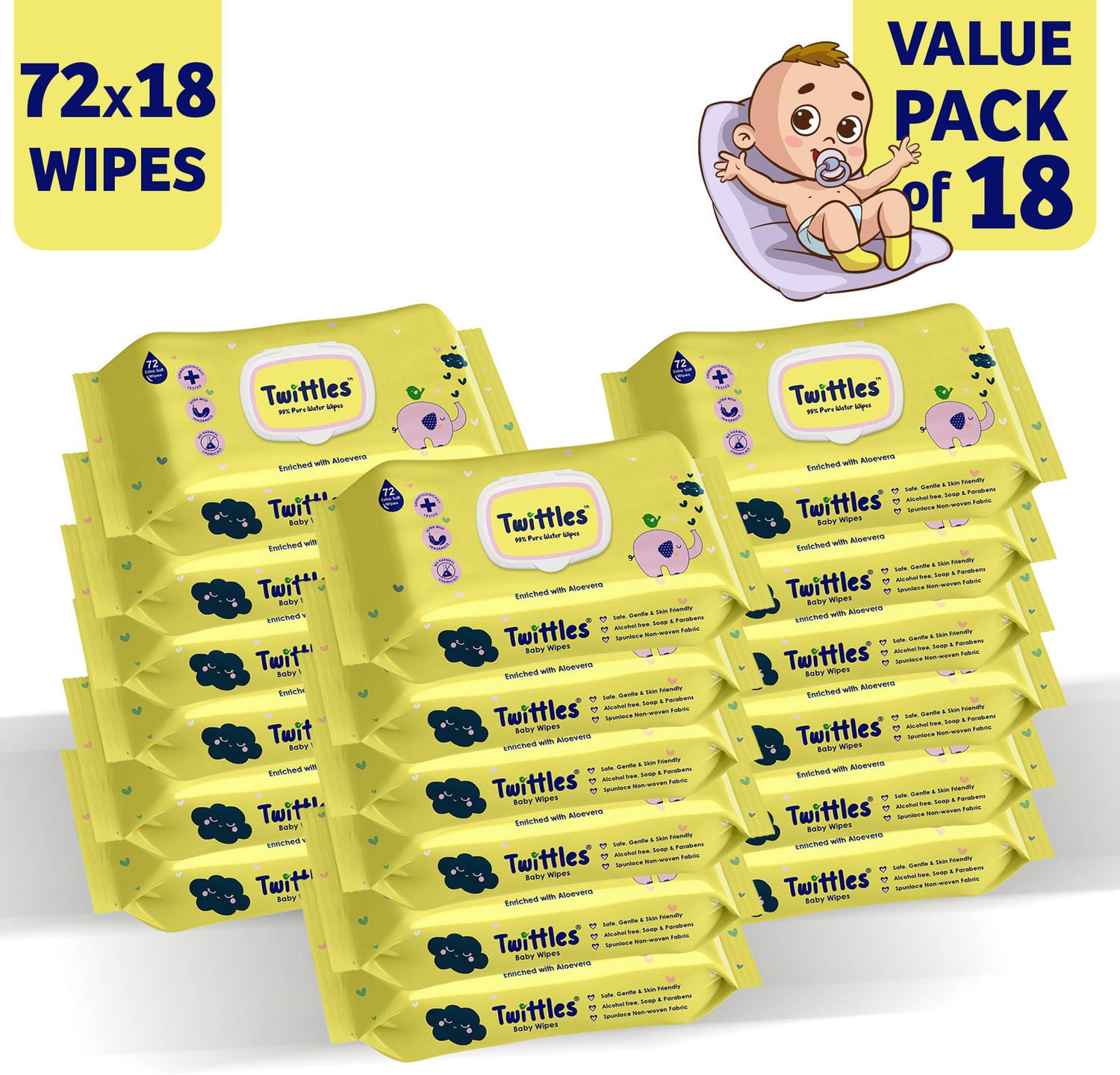 Image of Twittles Soft & Gentle Baby Cleansing Wipes With Lid, 99% Water & Aloe Vera | Pack of 18 (1296 Wipes)