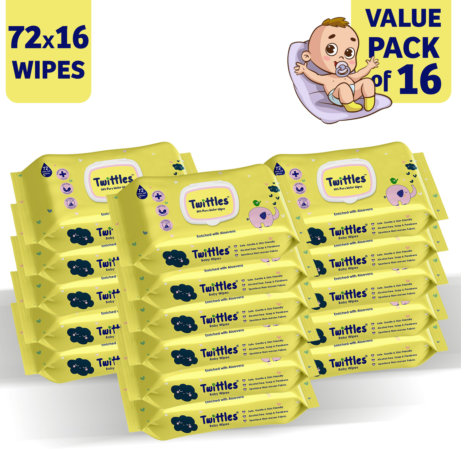 Image of Twittles Soft & Gentle Baby Cleansing Wipes With Lid, 99% Water & Aloe Vera | Pack of 16 (1152 Wipes)