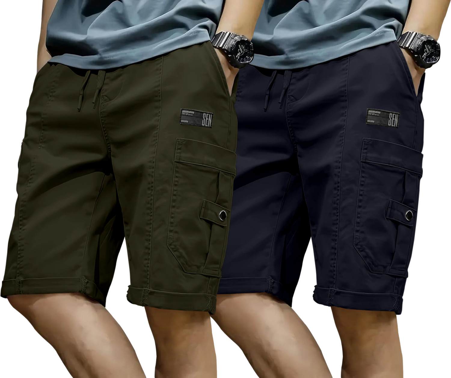 Image of ZARTHA Pack of 2 Solid Men Grey, Dark Blue Cargo Shorts
