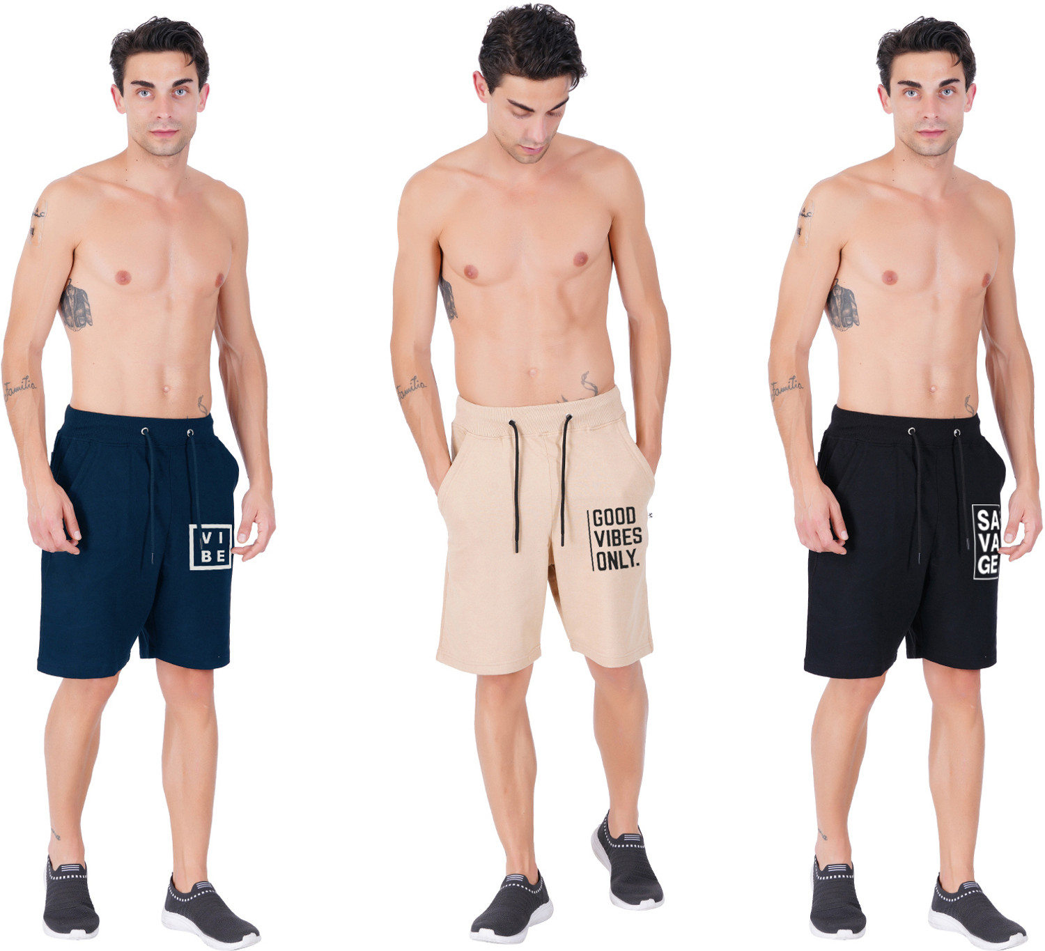 Image of Southcity Pack of 3 Graphic Print Men Blue, Beige, Black Regular Shorts