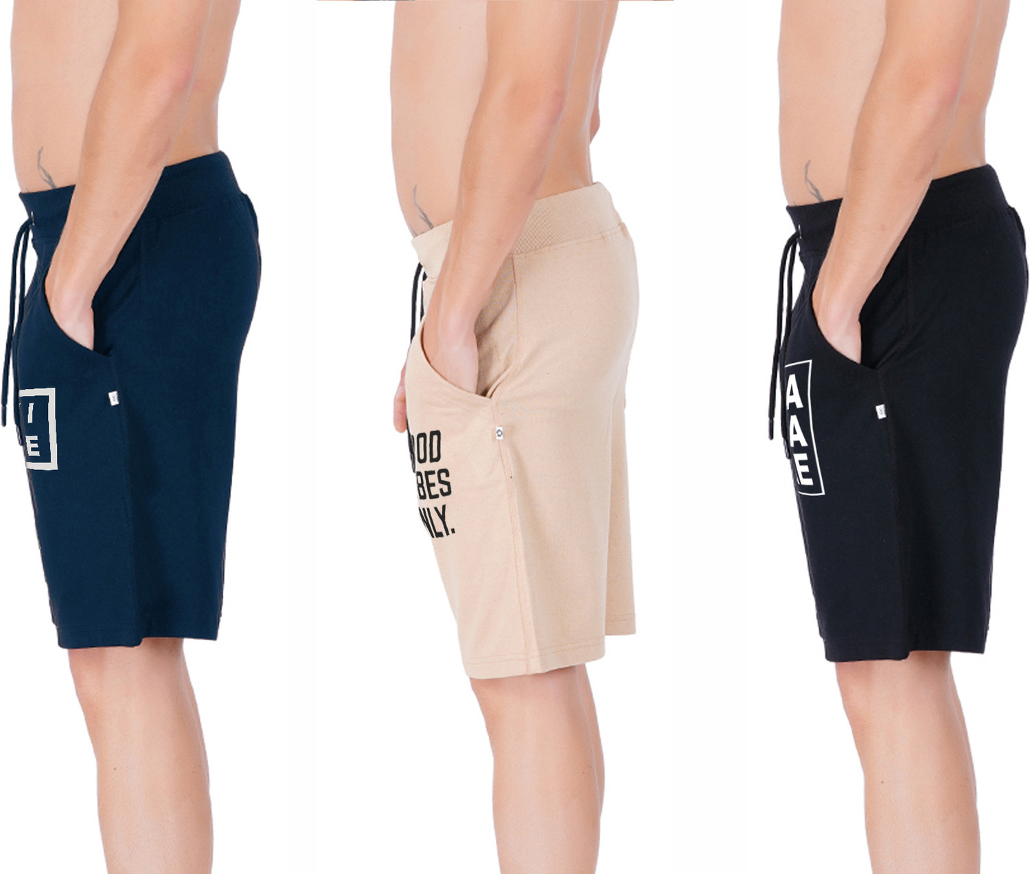 Image of Southcity Pack of 3 Graphic Print Men Blue, Beige, Black Regular Shorts