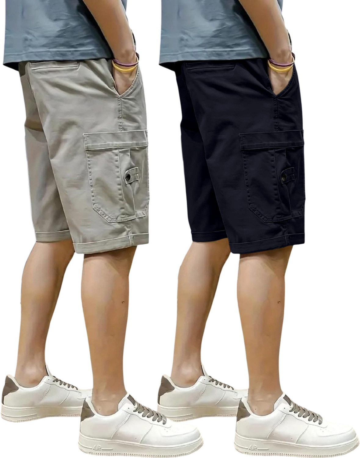 Image of ZARTHA Pack of 2 Solid Men Grey, Dark Blue Cargo Shorts