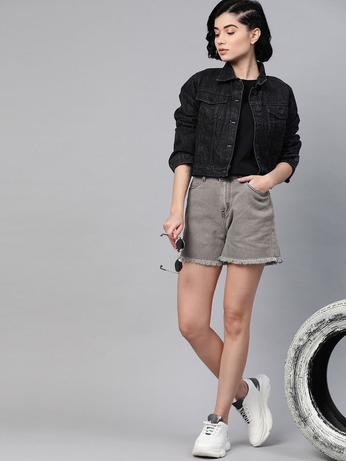 Image of Roadster Solid Women Denim Grey Denim Shorts
