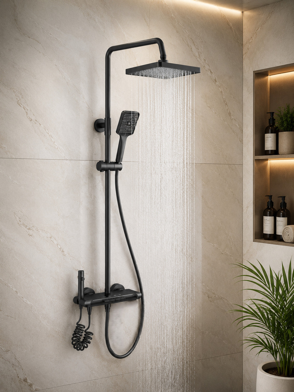Image of KD INDUSTRIES Premium Smart Piano Shower Full Set & Shower Panel & Shower Head & Hand Shower & Bidet Spray Gun (Dark Grey With Black) (Anti-Stain) (High Durability) Thermostatic Shower (Polished Graphite)