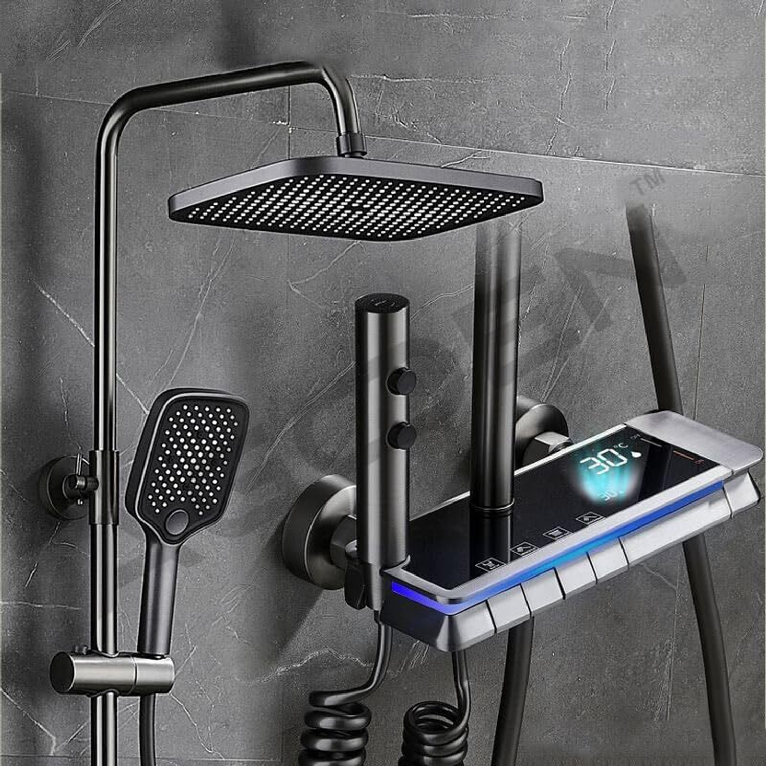 Image of KD INDUSTRIES Premium Smart Piano Shower Full Set & Shower Panel & Shower Head & Hand Shower & Bidet Spray Gun (Dark Grey With Black) (Anti-Stain) (High Durability) Thermostatic Shower (Polished Graphite)