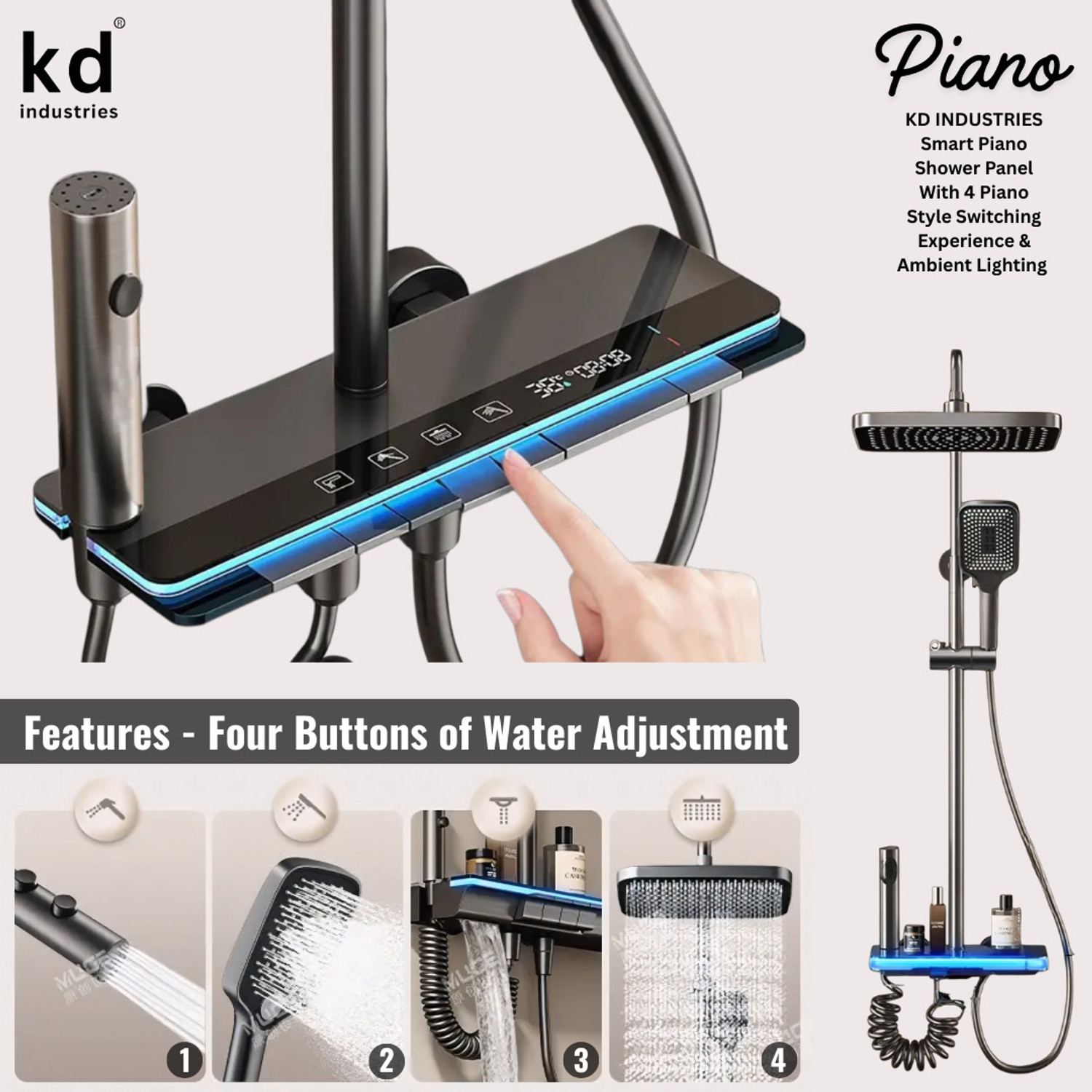 Image of KD INDUSTRIES Premium Smart Piano Shower Full Set & Shower Panel & Shower Head & Hand Shower & Bidet Spray Gun (Dark Grey With Black) (Anti-Stain) (High Durability) Thermostatic Shower (Polished Graphite)