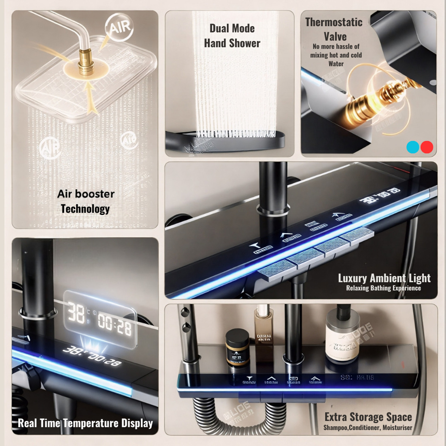 Image of KD INDUSTRIES Premium Smart Piano Shower Full Set & Shower Panel & Shower Head & Hand Shower & Bidet Spray Gun (Dark Grey With Black) (Anti-Stain) (High Durability) Thermostatic Shower (Polished Graphite)
