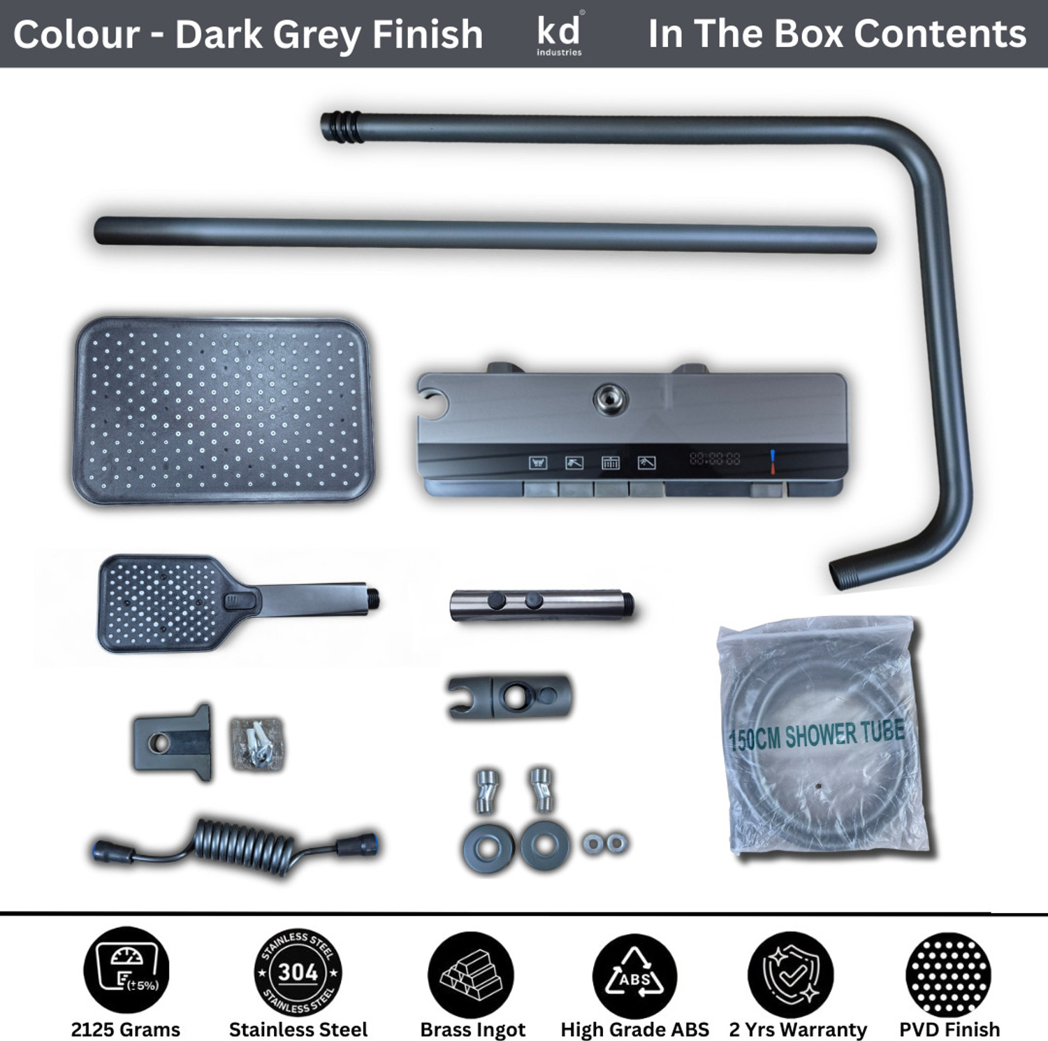 Image of KD INDUSTRIES Premium Smart Piano Shower Full Set & Shower Panel & Shower Head & Hand Shower & Bidet Spray Gun (Dark Grey With Black) (Anti-Stain) (High Durability) Thermostatic Shower (Polished Graphite)