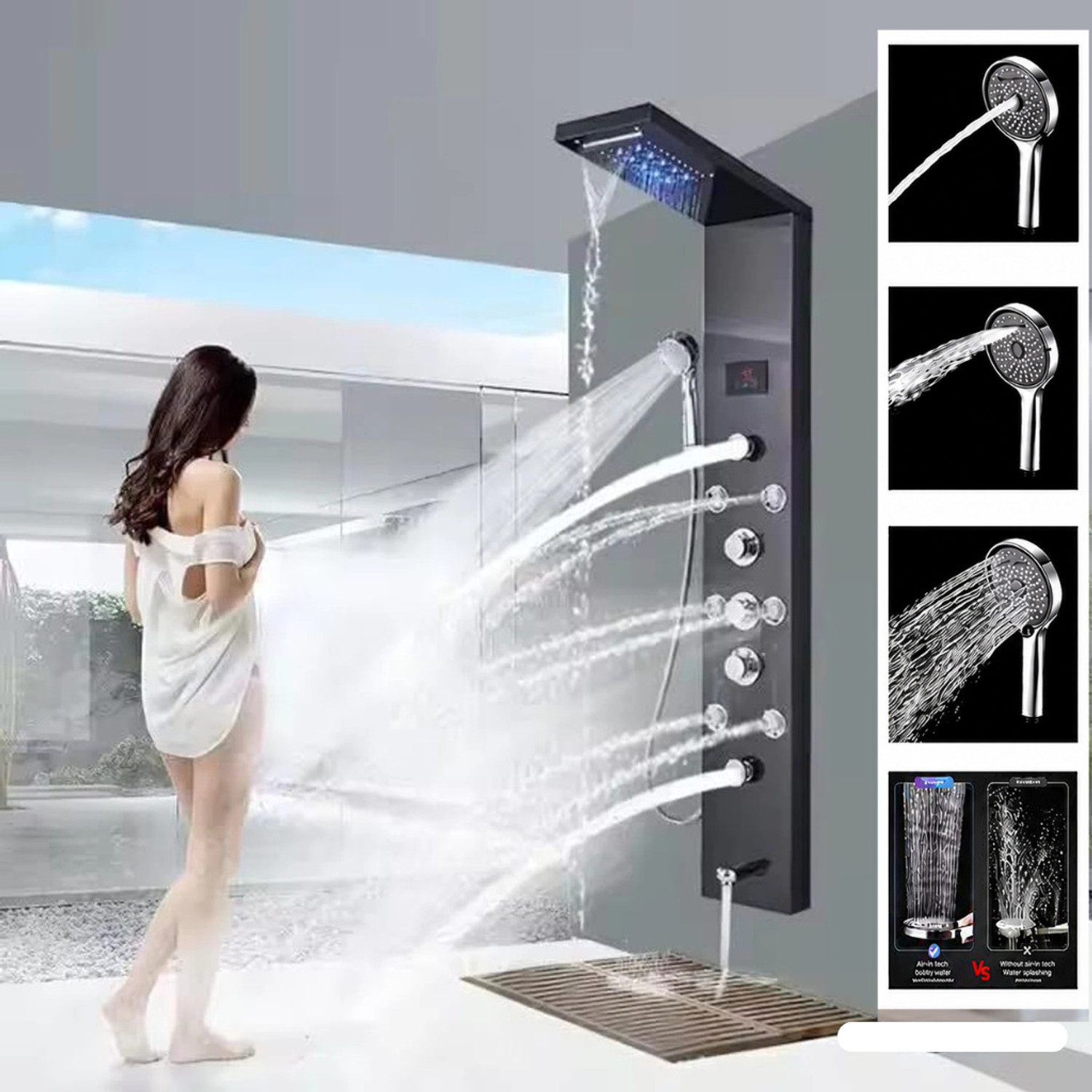Image of KD INDUSTRIES Premium Smart Piano Shower Full Set & Shower Panel & Shower Head & Hand Shower & Bidet Spray Gun (Dark Grey With Black) (Anti-Stain) (High Durability) Thermostatic Shower (Polished Graphite)