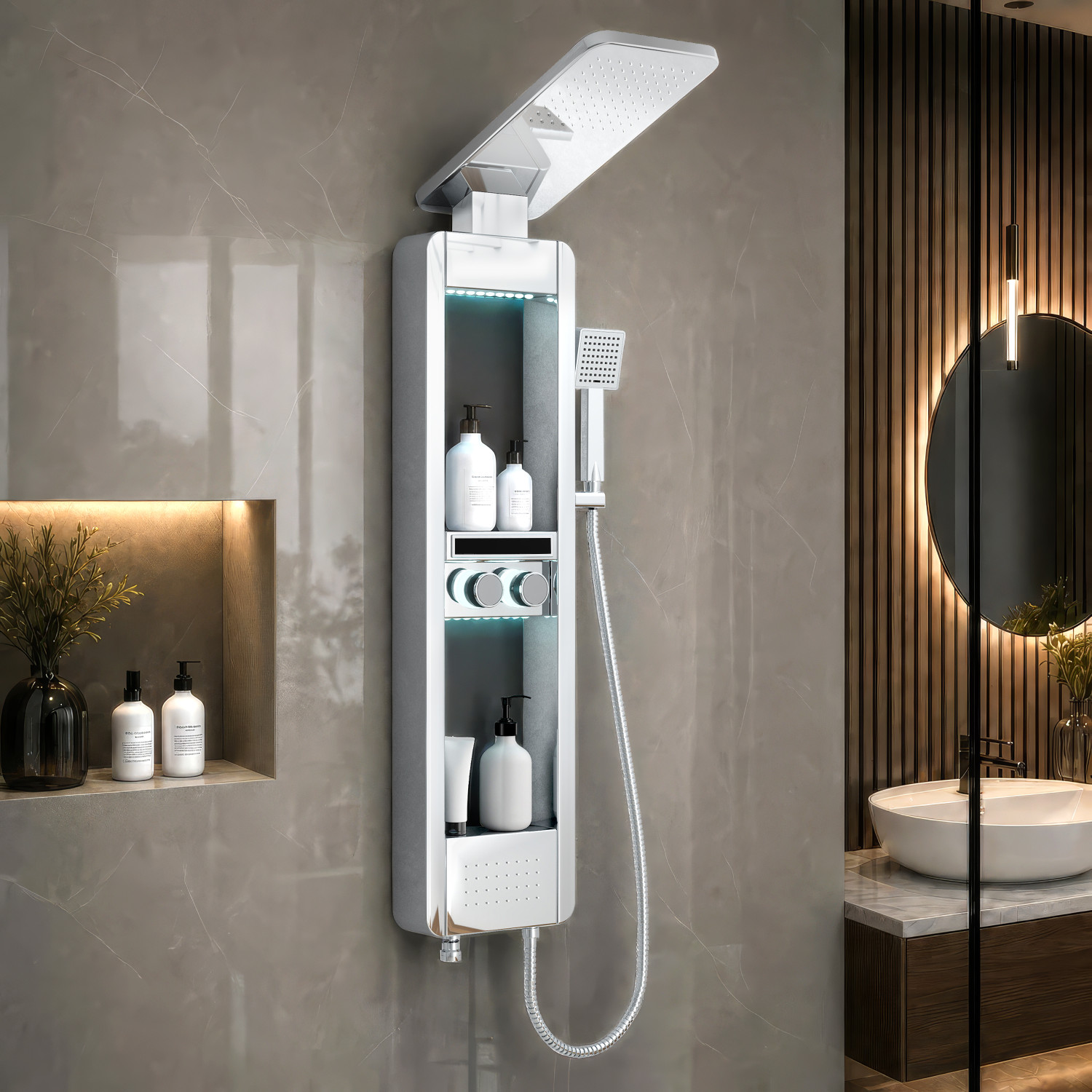 Image of KD INDUSTRIES Premium Smart Piano Shower Full Set & Shower Panel & Shower Head & Hand Shower & Bidet Spray Gun (Dark Grey With Black) (Anti-Stain) (High Durability) Thermostatic Shower (Polished Graphite)