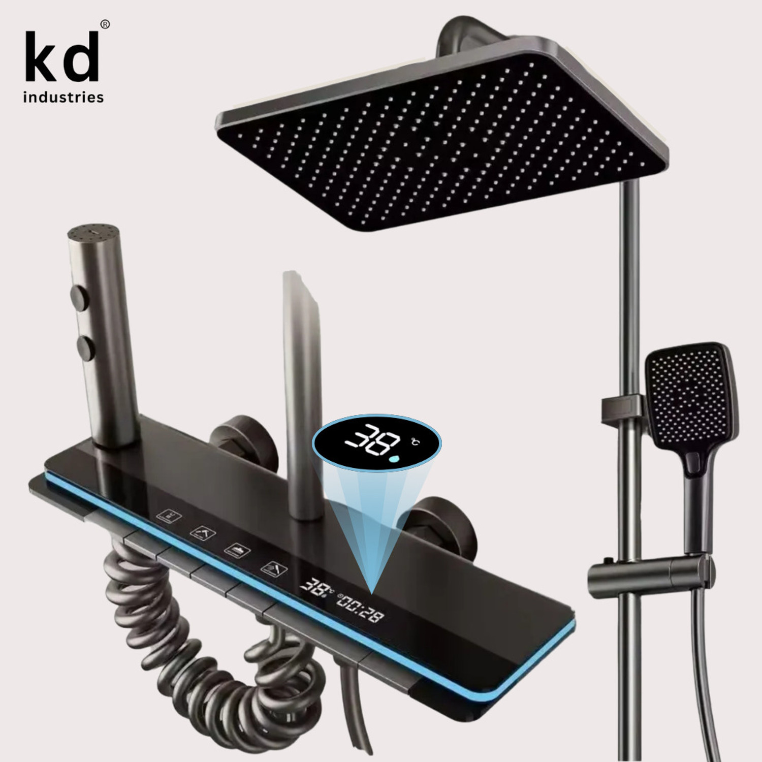 Image of KD INDUSTRIES Premium Smart Piano Shower Full Set & Shower Panel & Shower Head & Hand Shower & Bidet Spray Gun (Dark Grey With Black) (Anti-Stain) (High Durability) Thermostatic Shower (Polished Graphite)