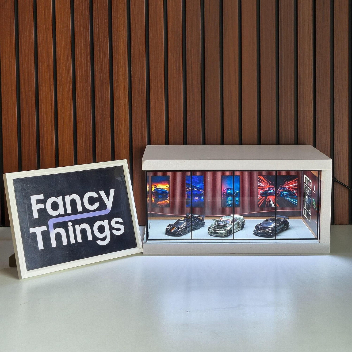 Image of Fancy Things Luxury Miniature Car Showroom - Brown - LED-Lit Display Case with Glass Front Decorative Showpiece - 19 cm (Polyvinyl Chloride, Wood, Brown)