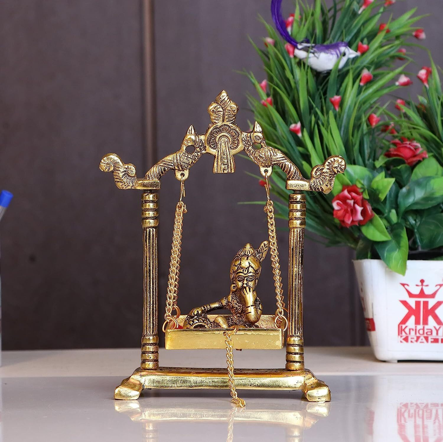 Image of Koolwal craft Laddu Gopal on Jhulla Palana Metal Statue Gold Plated metal Krishna Murti Decorative Showpiece - 18 cm (Metal, Gold)