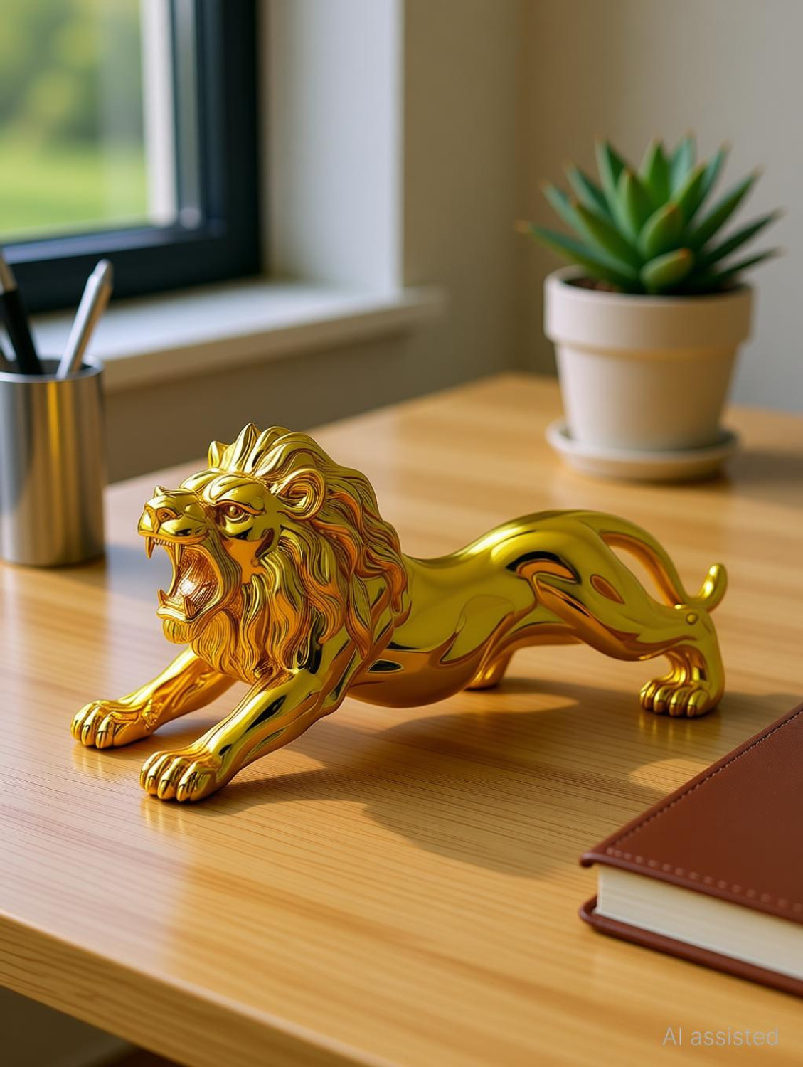 Image of Antiqar Brass Lion Showpiece | Standing Position | Handcrafted Home, Table Decor Decorative Showpiece - 8 cm (Brass, Gold)