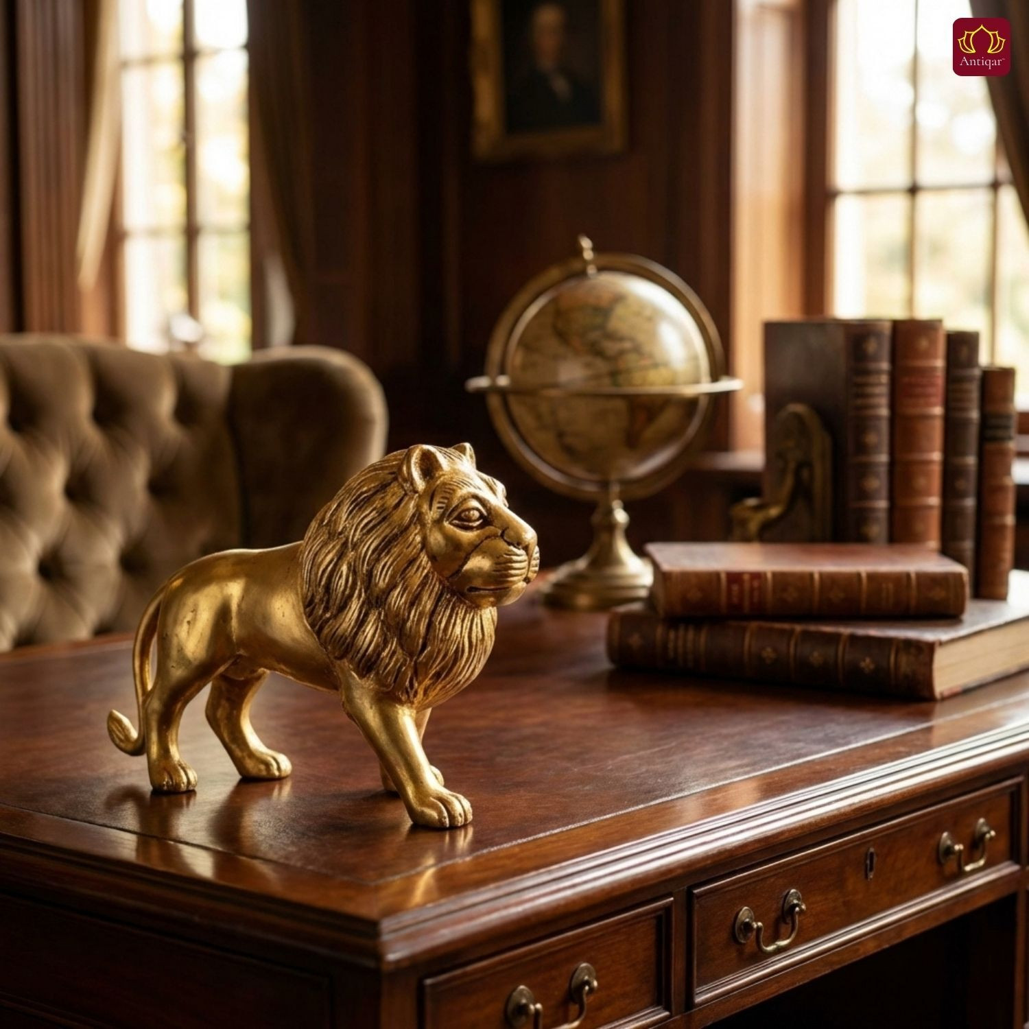 Image of Antiqar Brass Lion Showpiece | Standing Position | Handcrafted Home, Table Decor Decorative Showpiece - 8 cm (Brass, Gold)