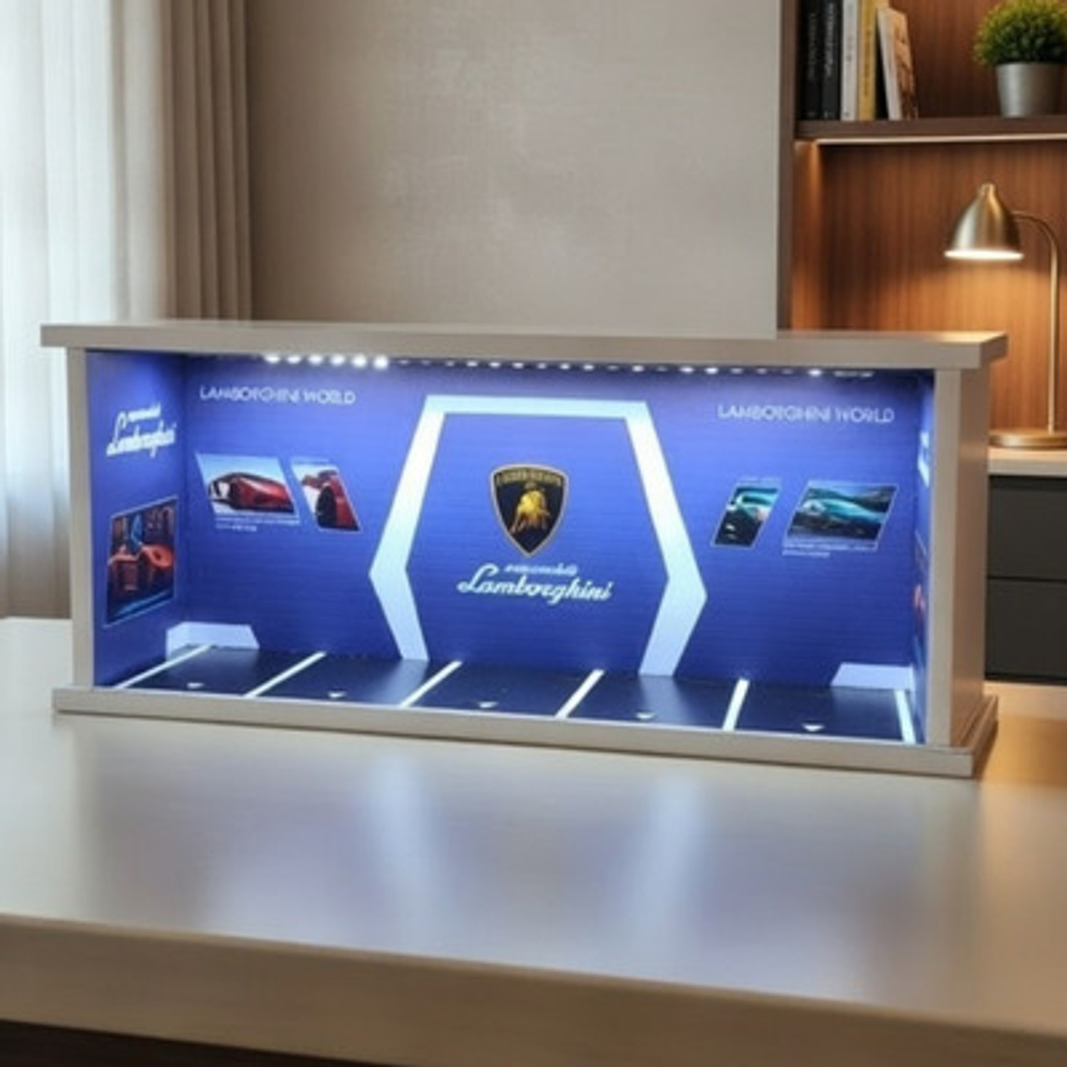 Image of Fancy Things Luxury Miniature Car Showroom - Brown - LED-Lit Display Case with Glass Front Decorative Showpiece - 19 cm (Polyvinyl Chloride, Wood, Brown)